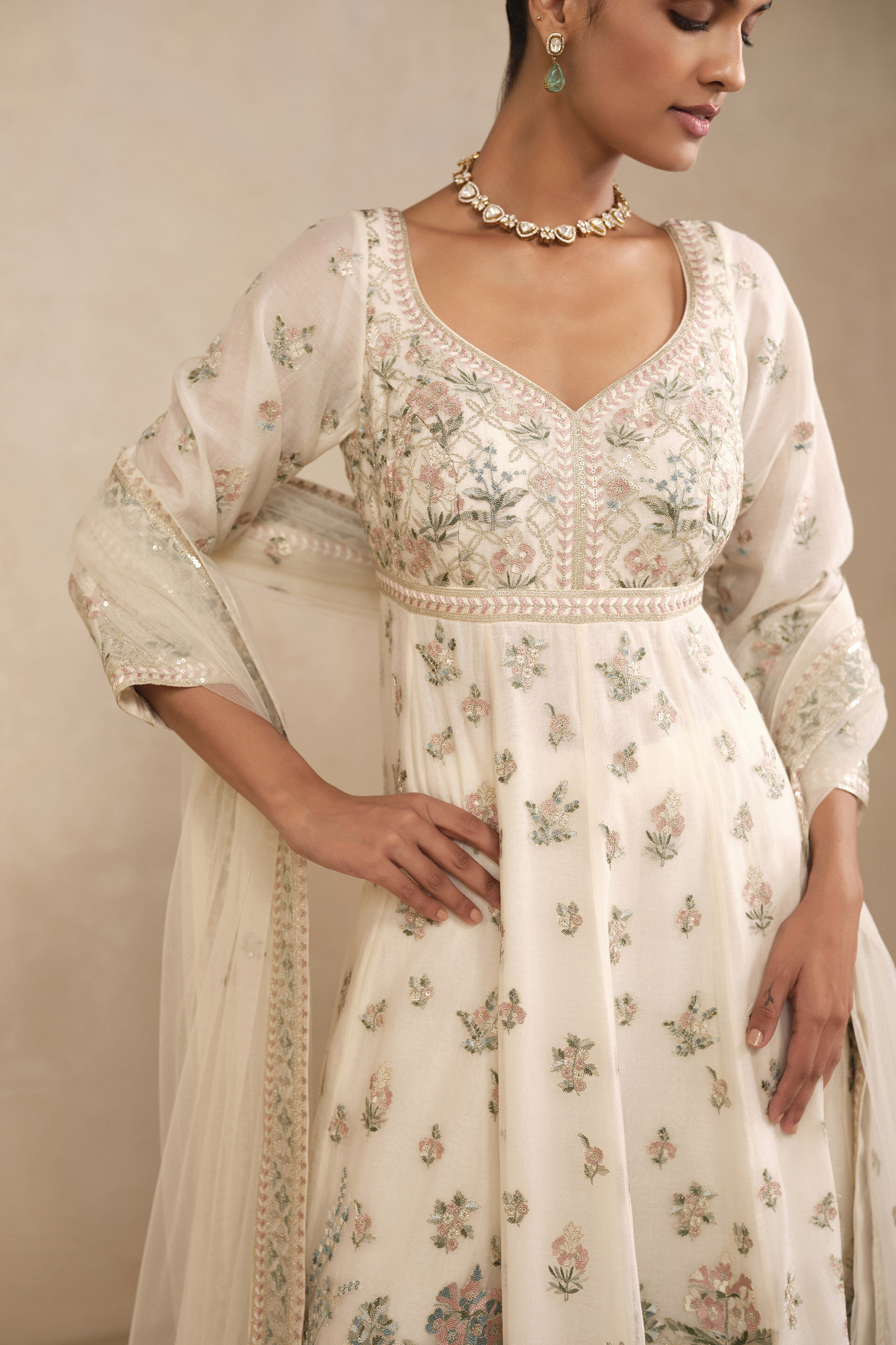 Zohra Embroidered Mul Anarkali Suit Set -  Ivory, Ivory, image 5