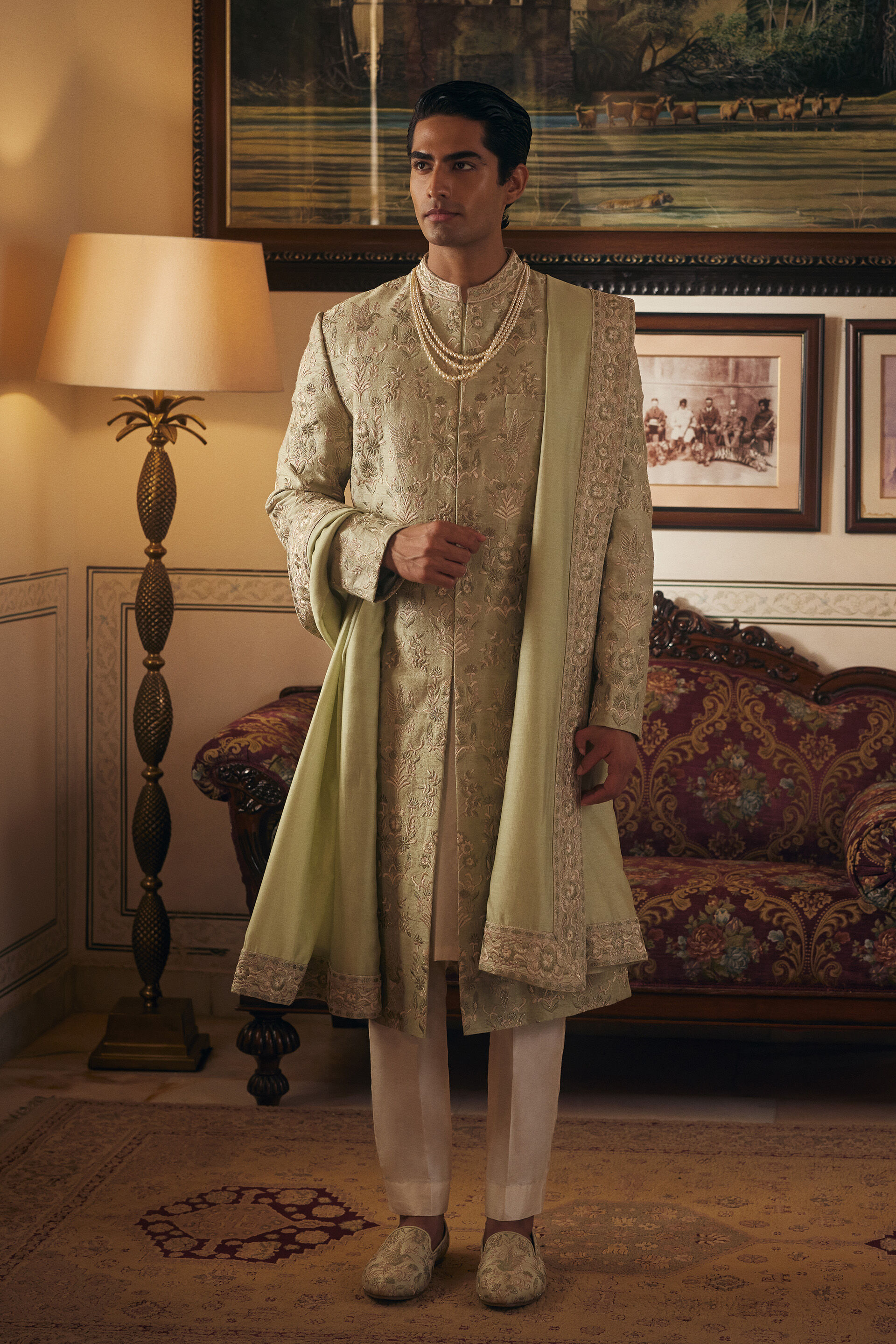Kshiraj Embroidered Silk Sherwani - Sage