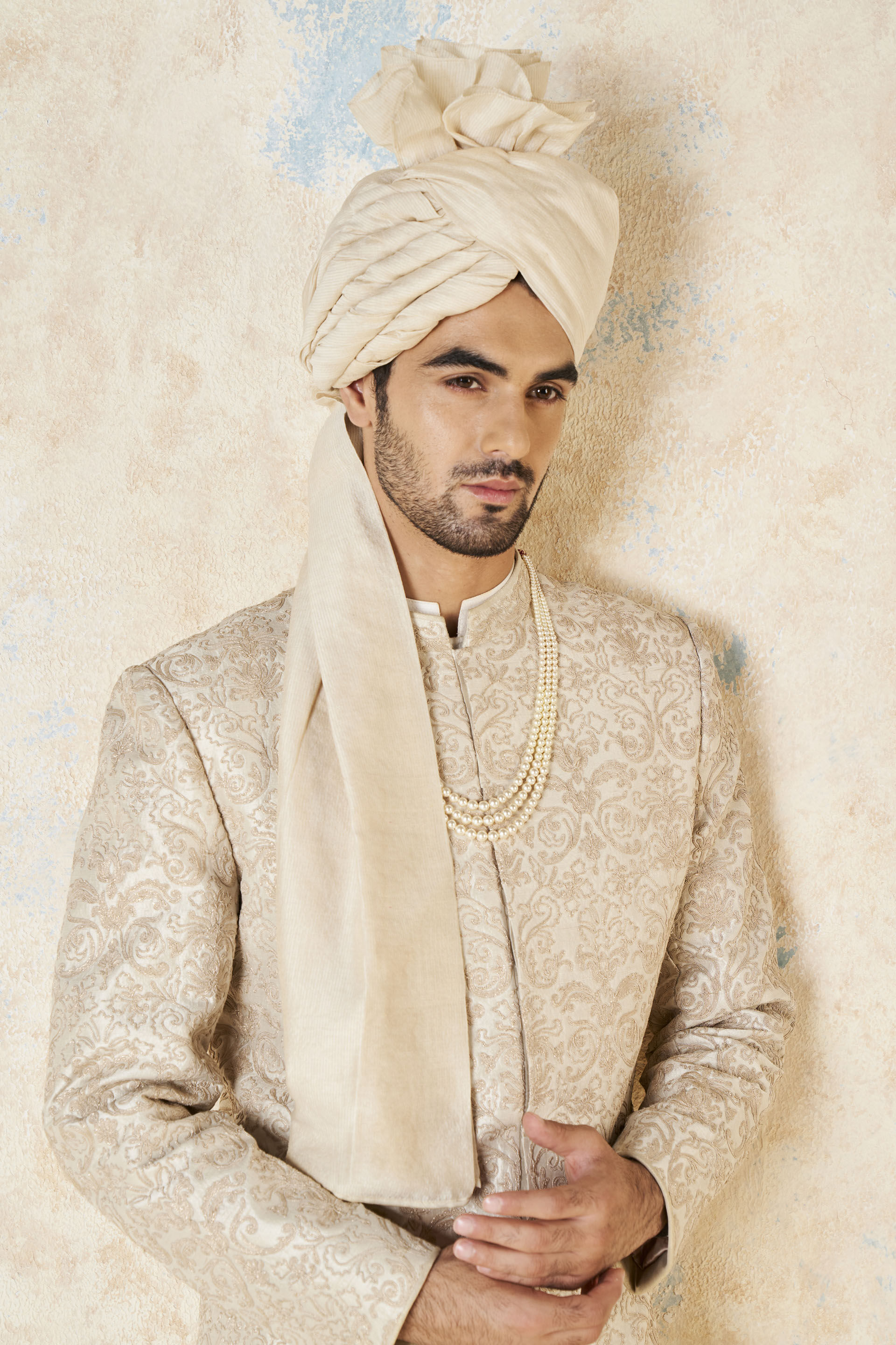 Vehant Embroidered Cord Silk Sherwani - Ivory, Ivory, image 6