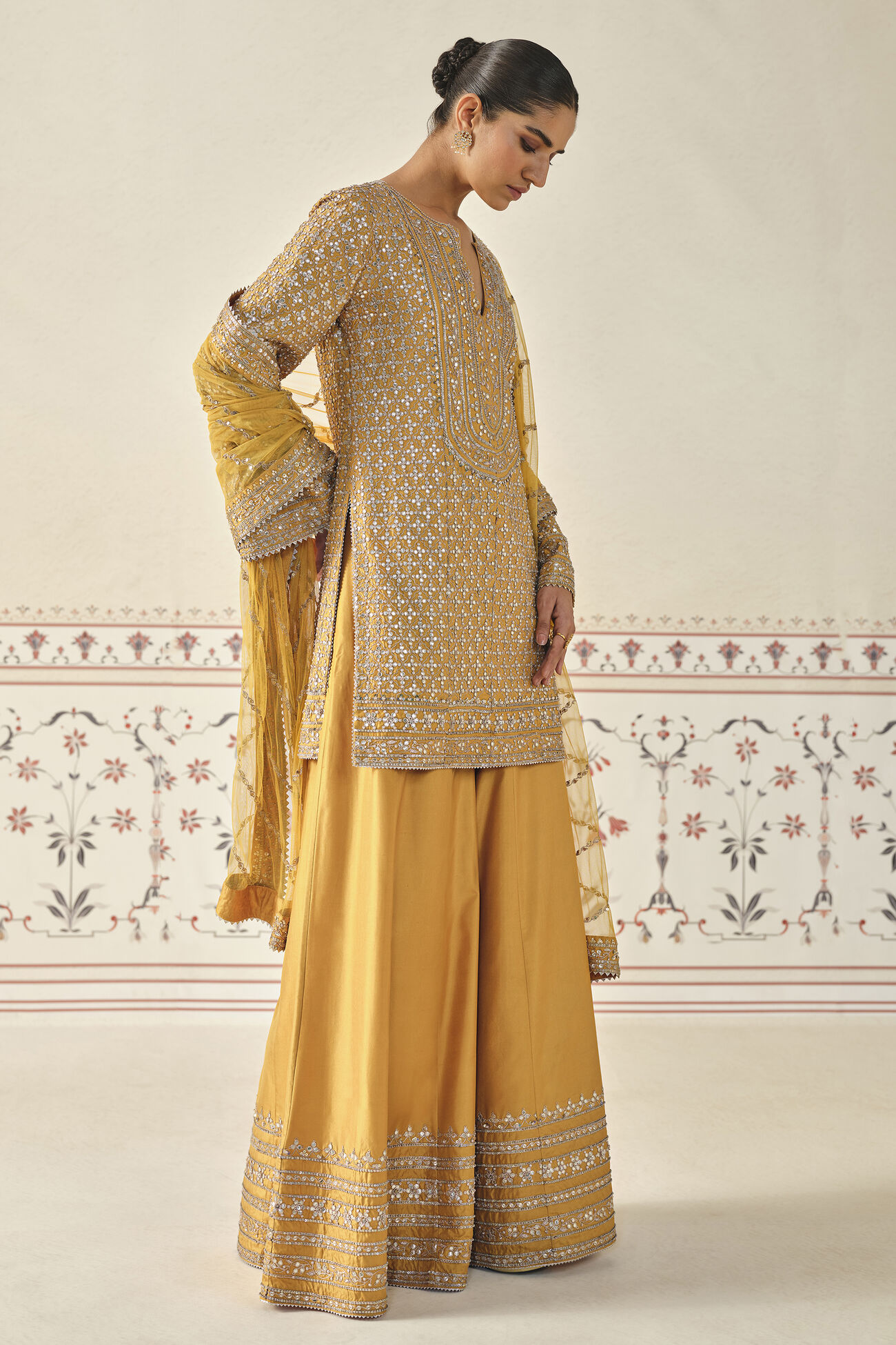 Sidra Gota Patti Silk Sharara Set - Mustard, Mustard, image 3