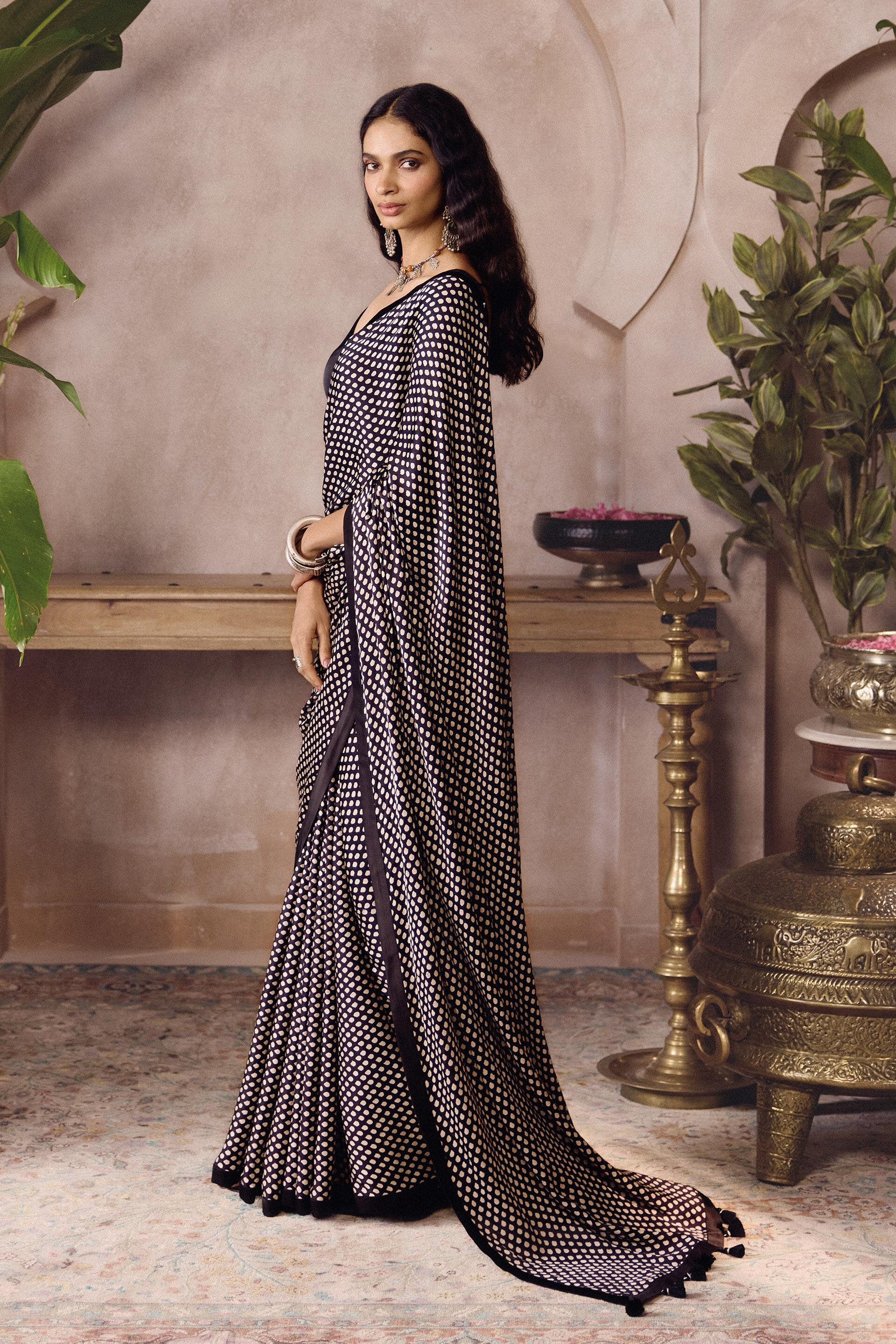Lyoko Ajrakh Hand-block Printed Saree - Black, Black, image 3