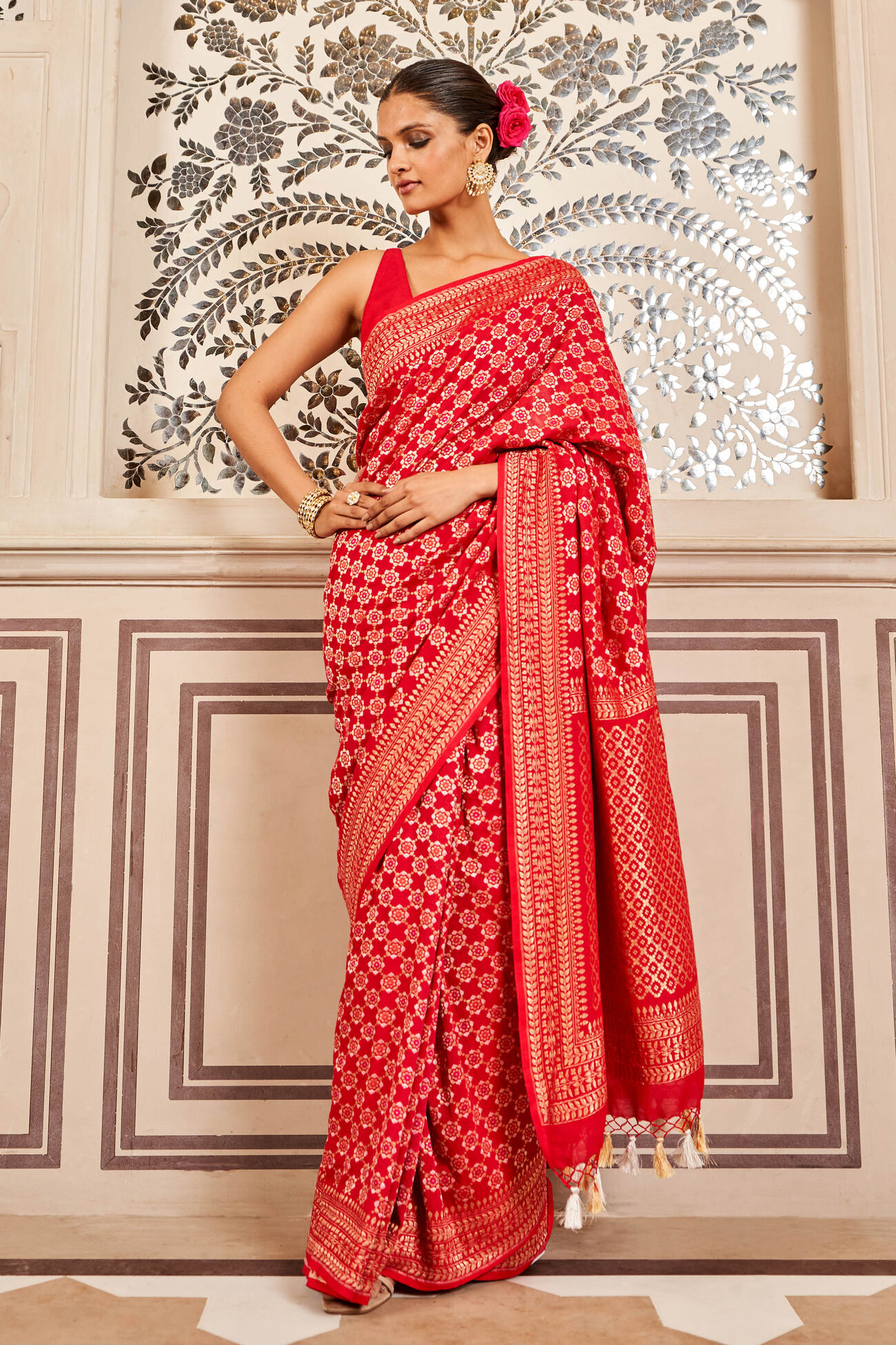 Ridah Benarasi Saree - Red, Red, image 3