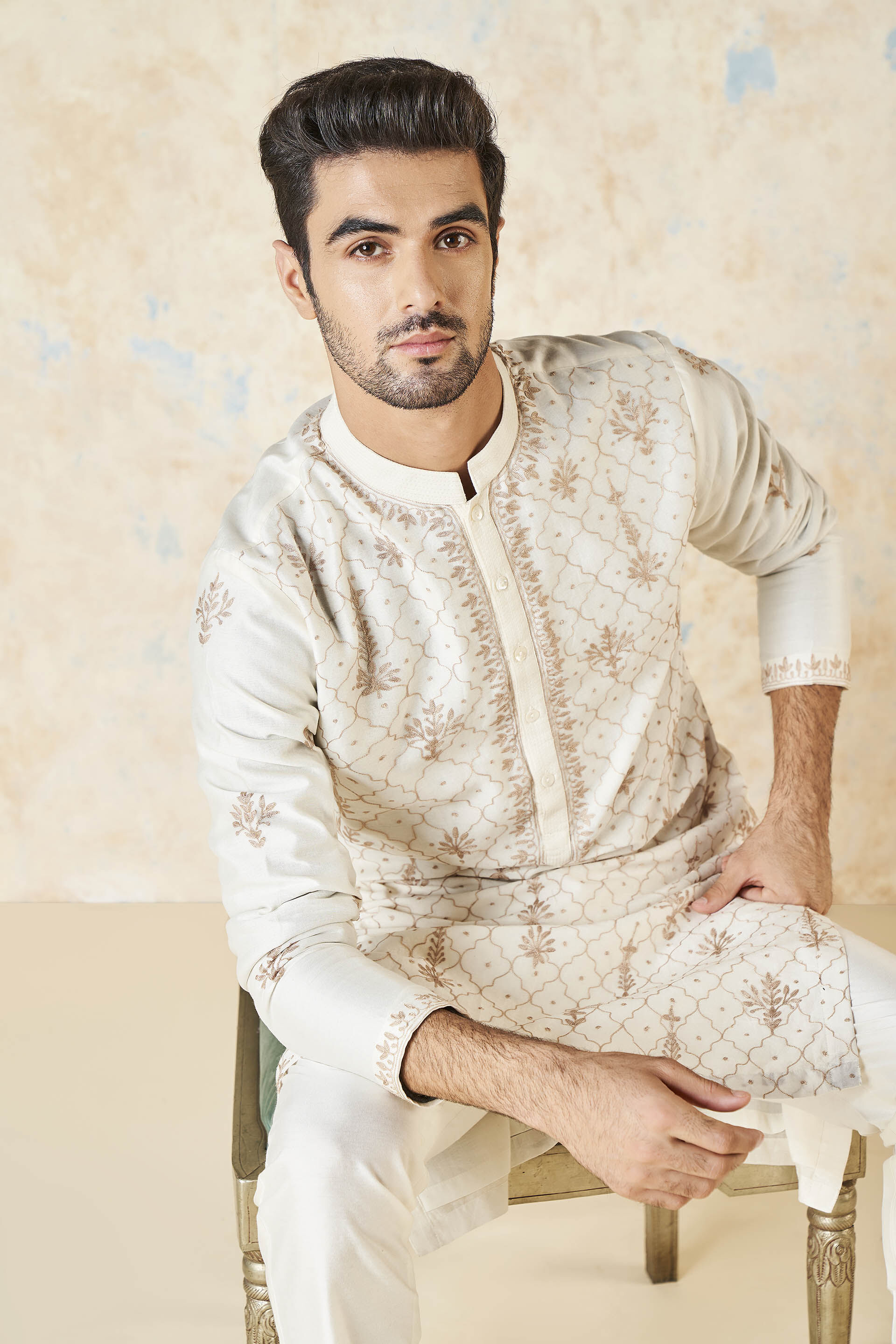 Ainan Embroidered Kurta - Ivory, Ivory, image 4