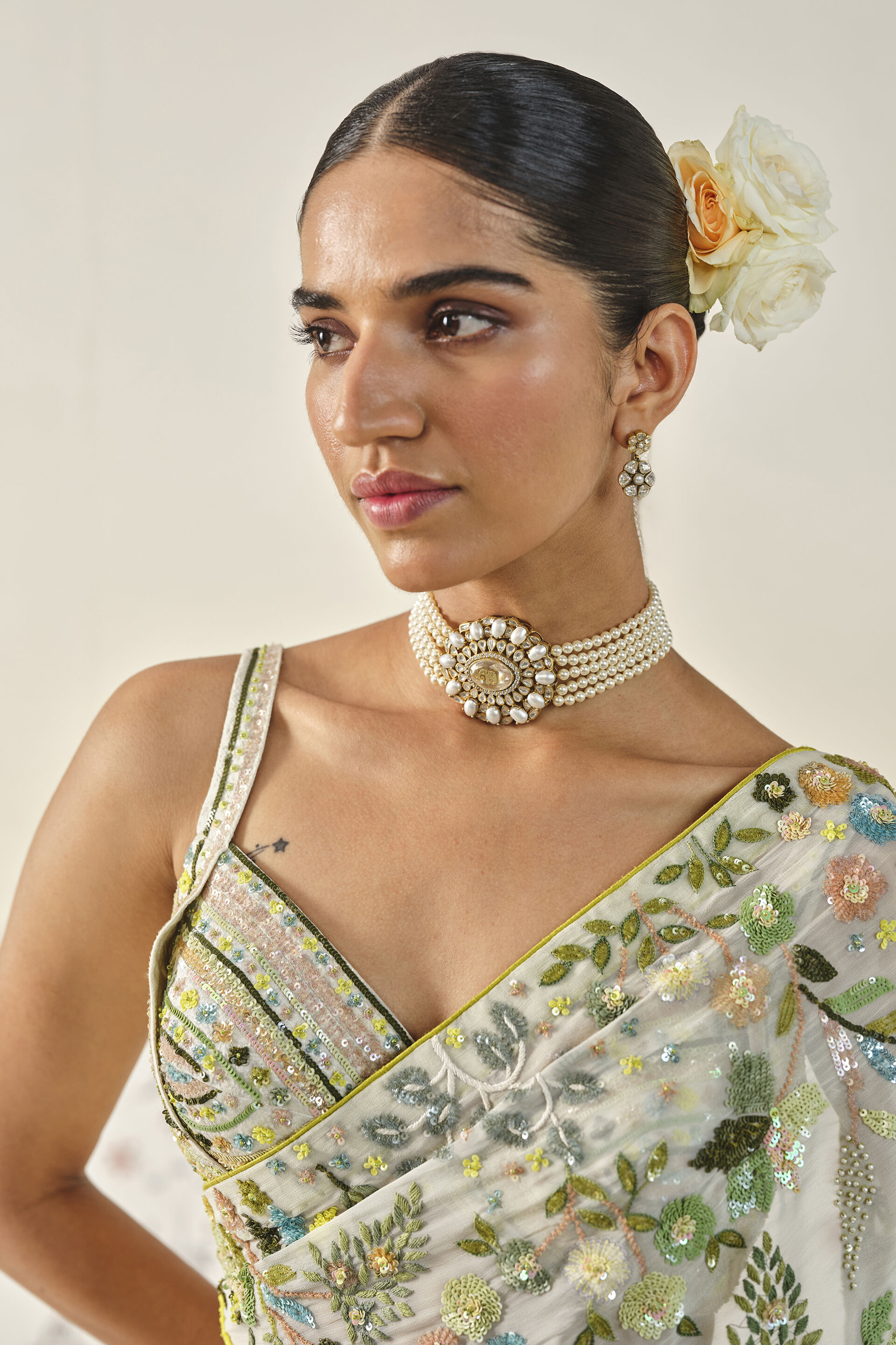 Rema Embroidered Saree Set - Cream, Cream, image 8