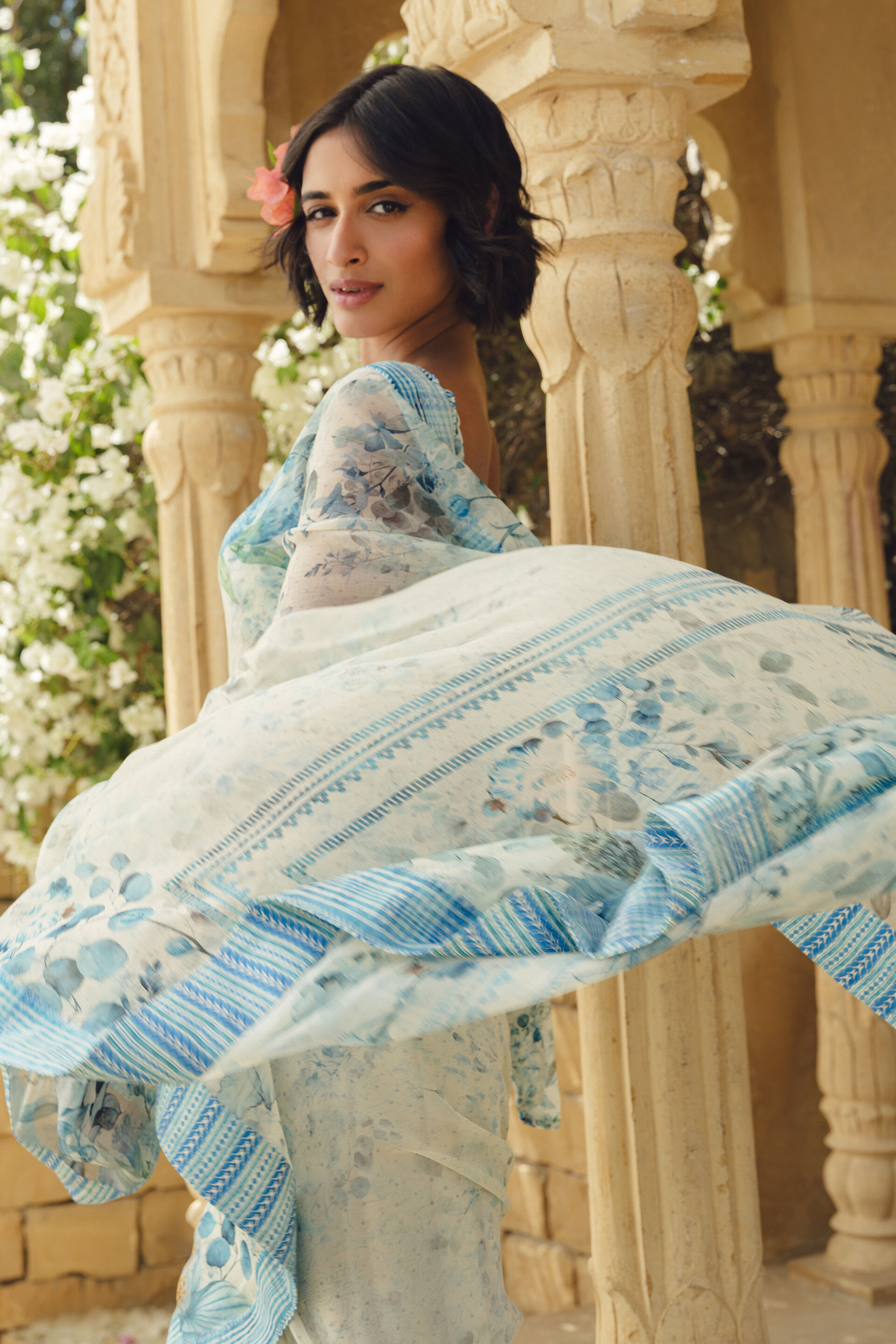 Idalia Printed Chiffon Saree - Blue