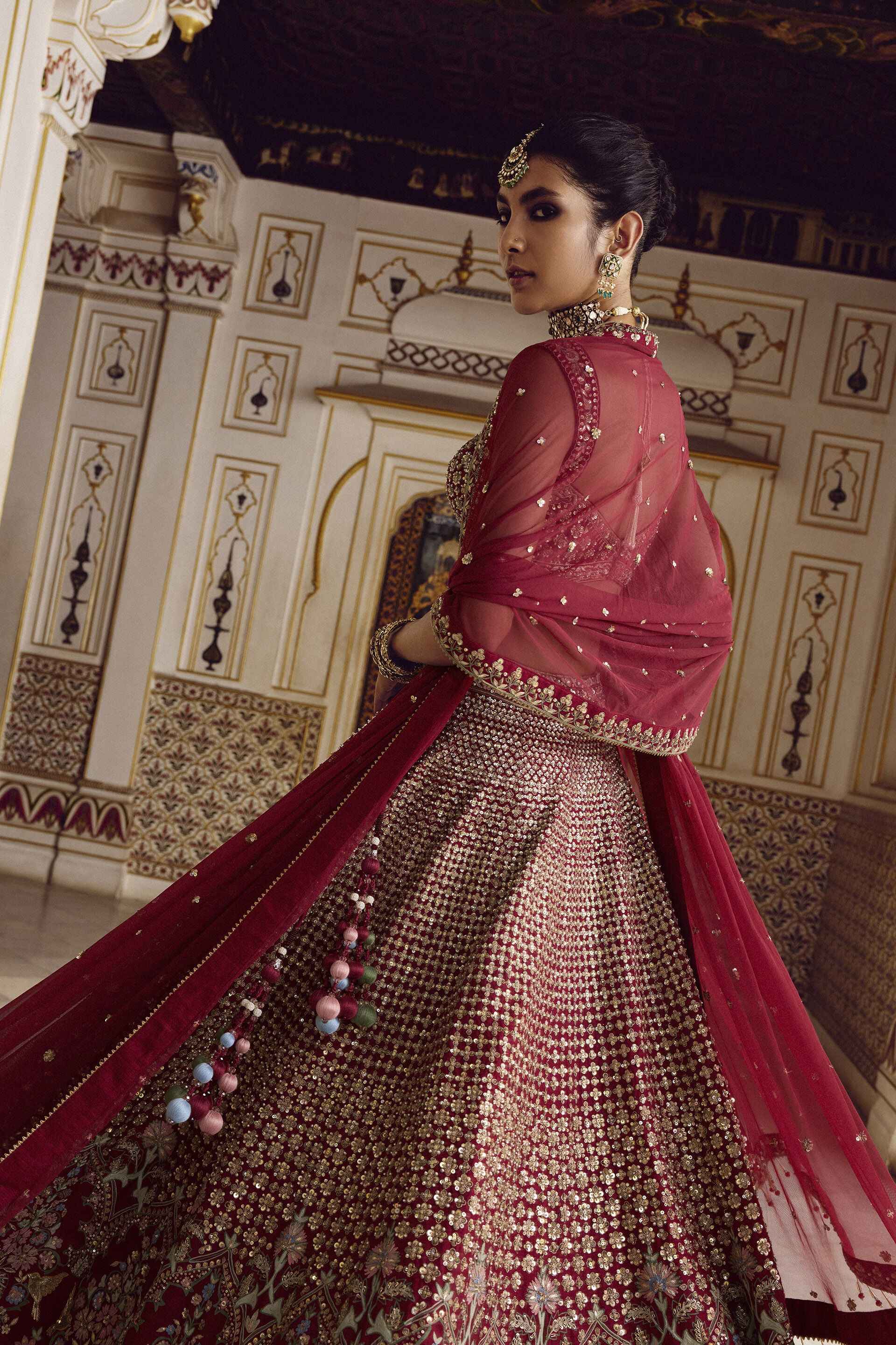 Almika Embroidered Silk Lehenga Set - Ruby, Ruby, image 4