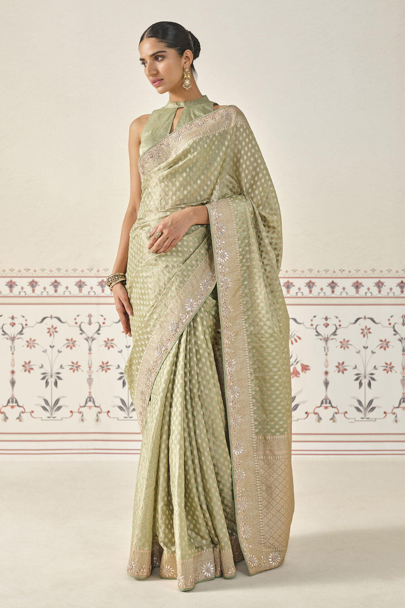 Kunadana Handwoven Benarasi Silk Saree, Sage, image 1