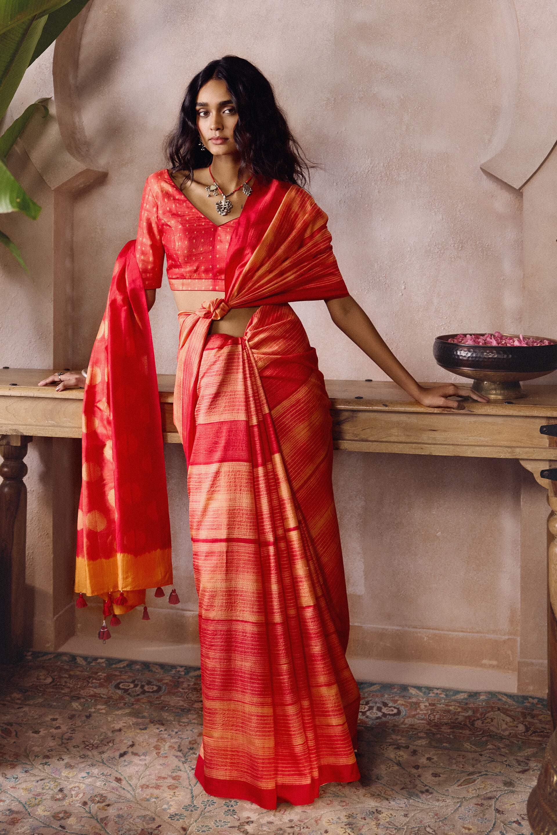 Corsen Handcrafted Shibori Silk Saree - Orange