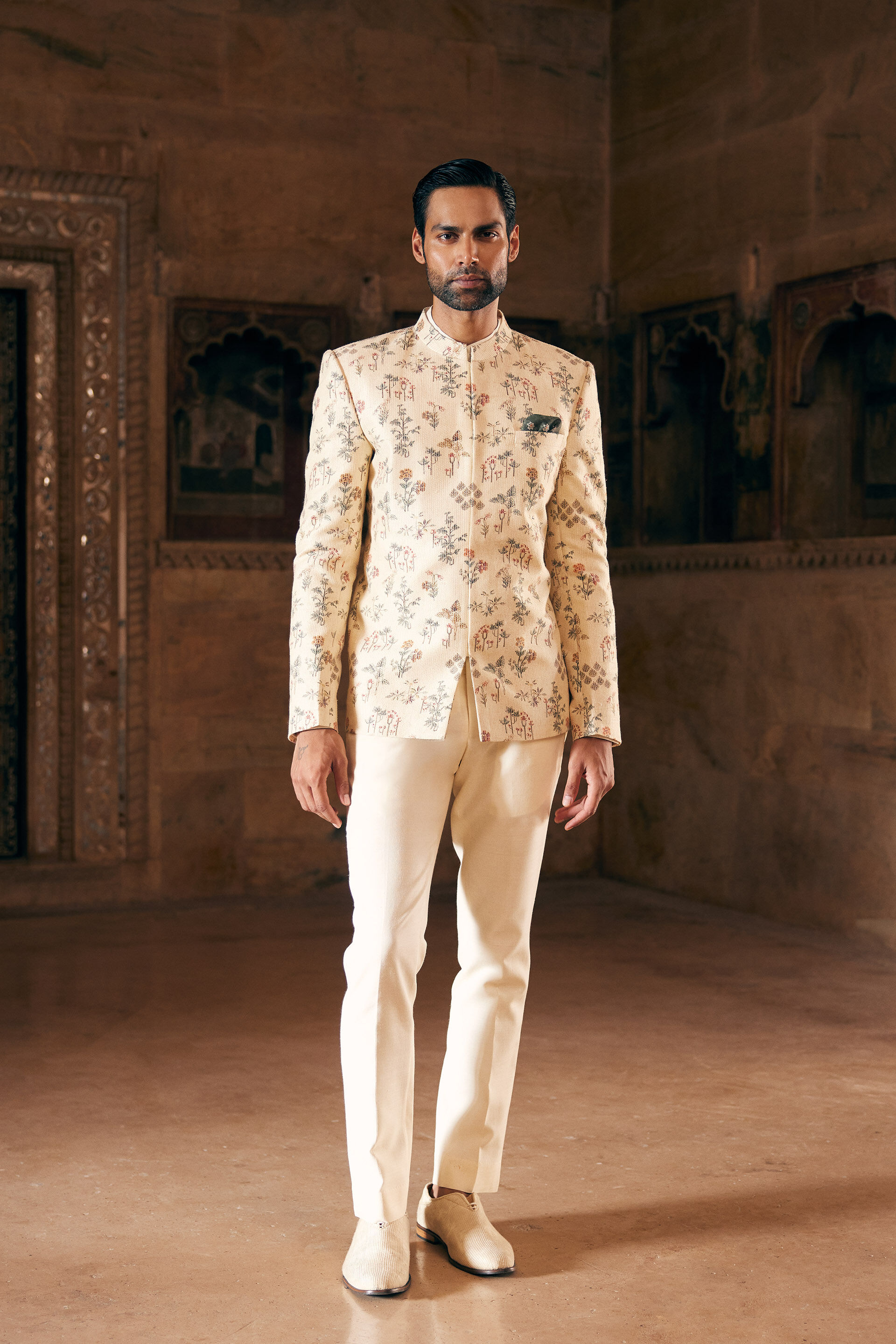 Suhan Printed Silk Bandhgala Cream