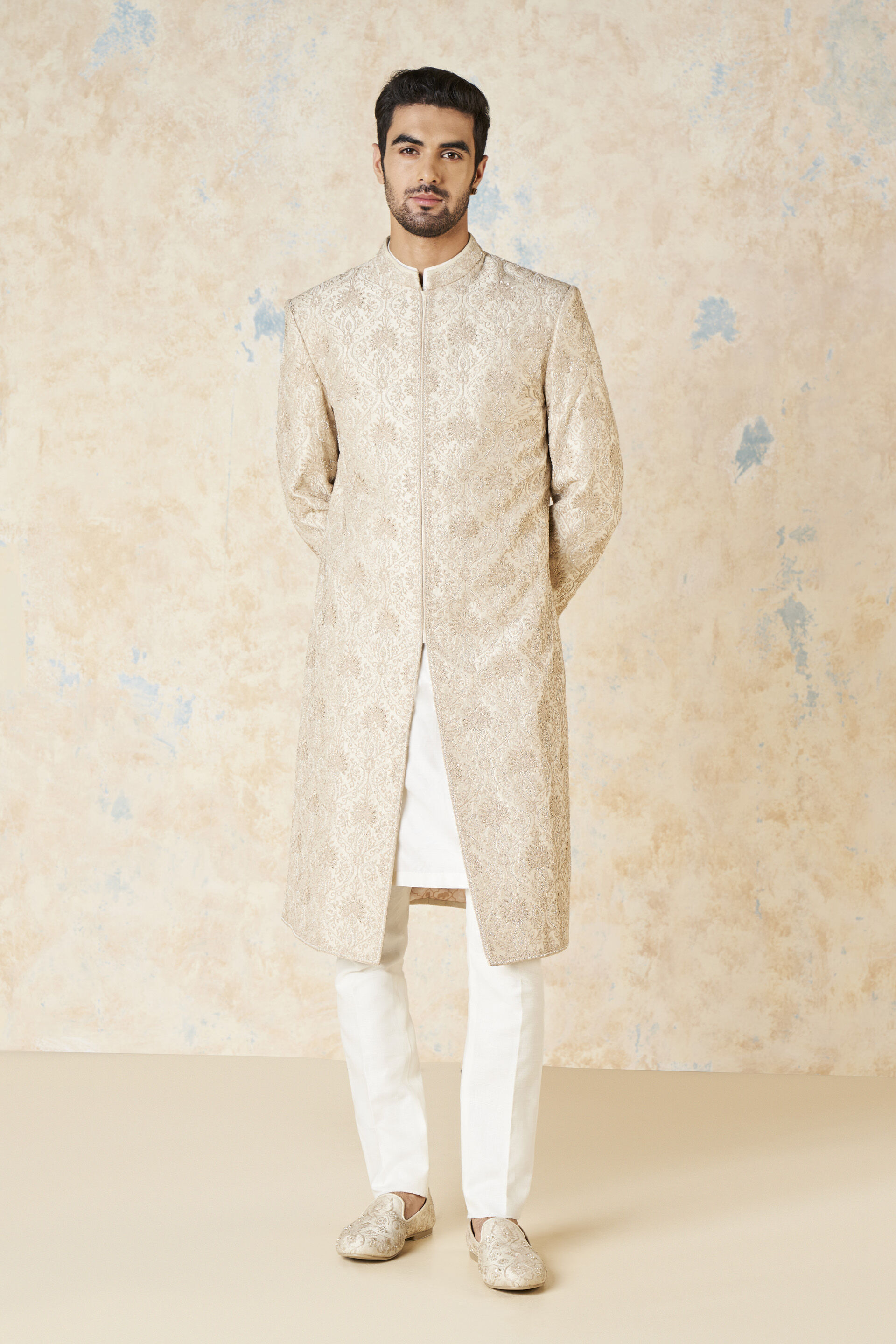 Ikshaan Embroidered Cord Silk Sherwani - Ivory