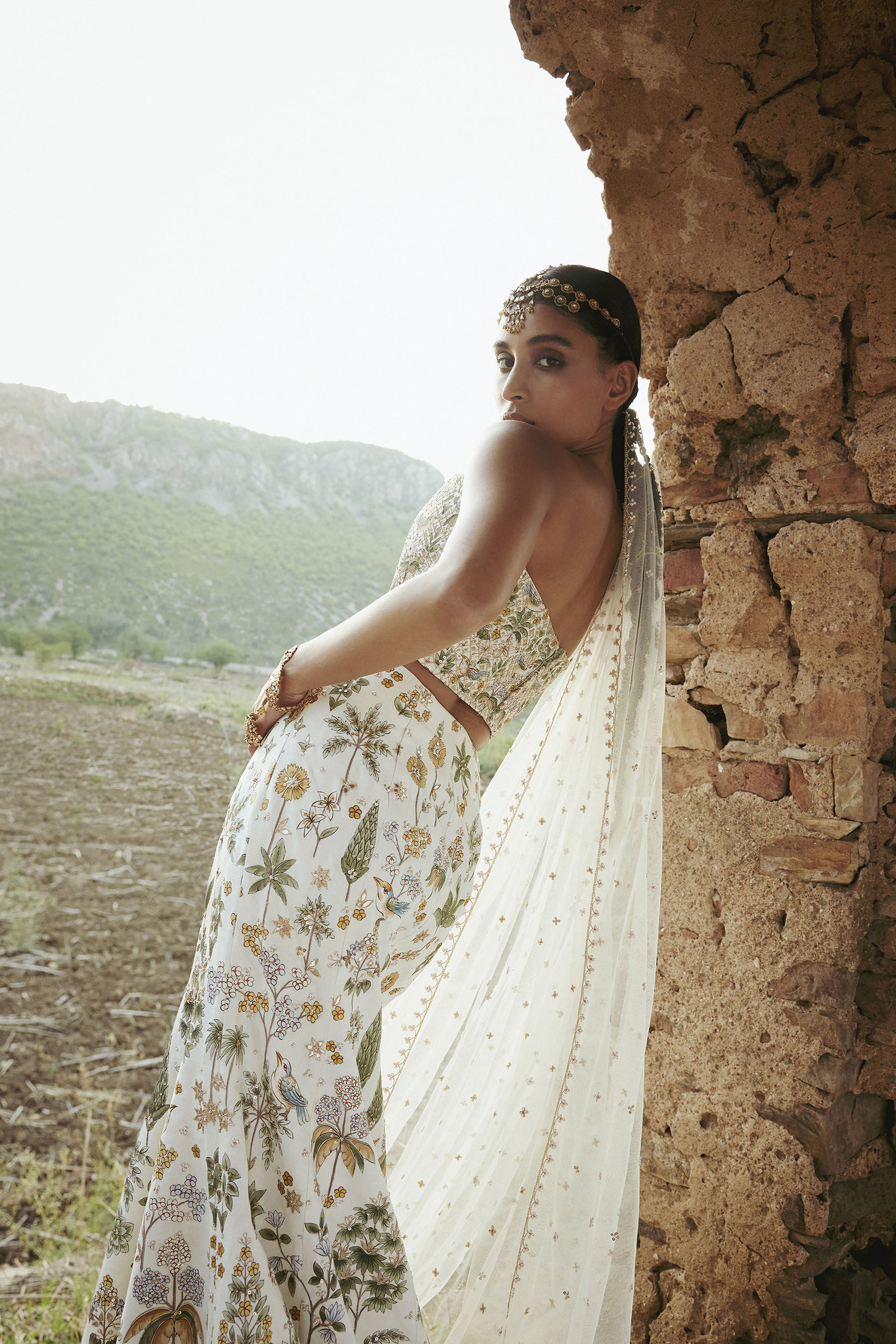 Urvara Hand-painted Pichhwai Silk Skirt Set - Ivory, Ivory, image 4