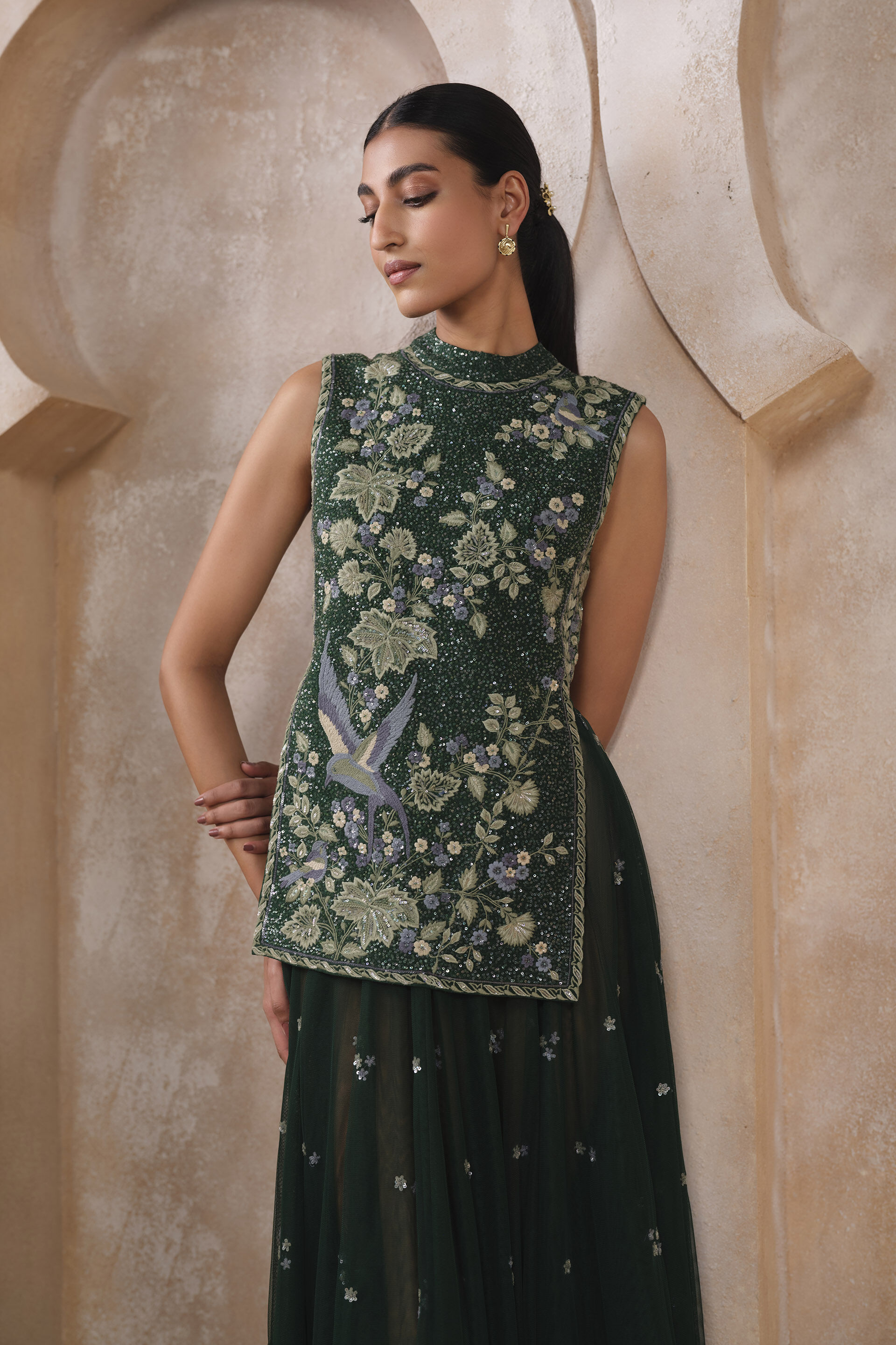 Iva Embroidered Applique Silk Skirt Set - Green, Green, image 3