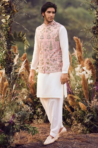 Nalesh Hand-painted Pichhwai Silk Nehru Jacket, Pink, image 1