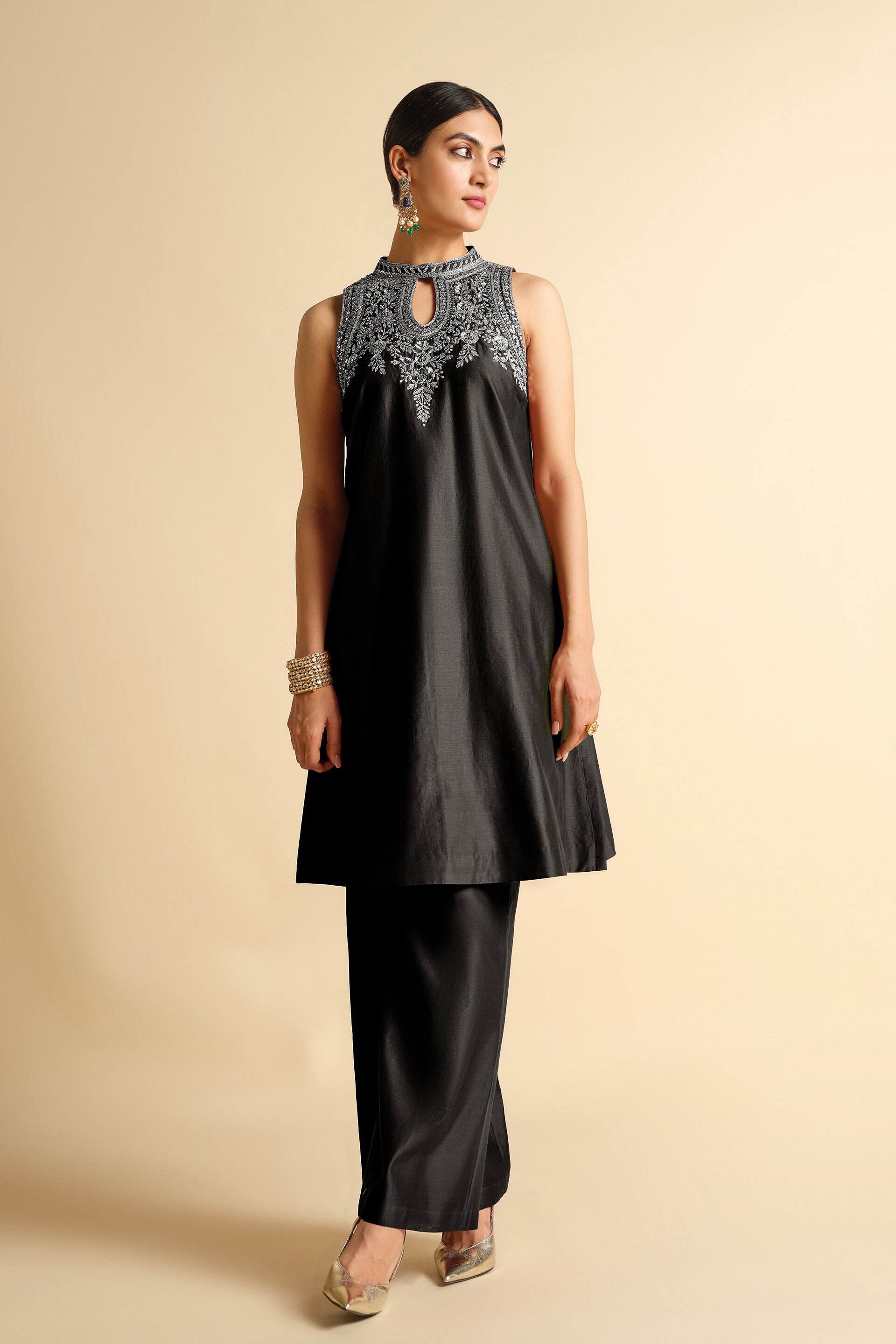 Rakavi Embroidered Cord Silk Kurta Set - Black