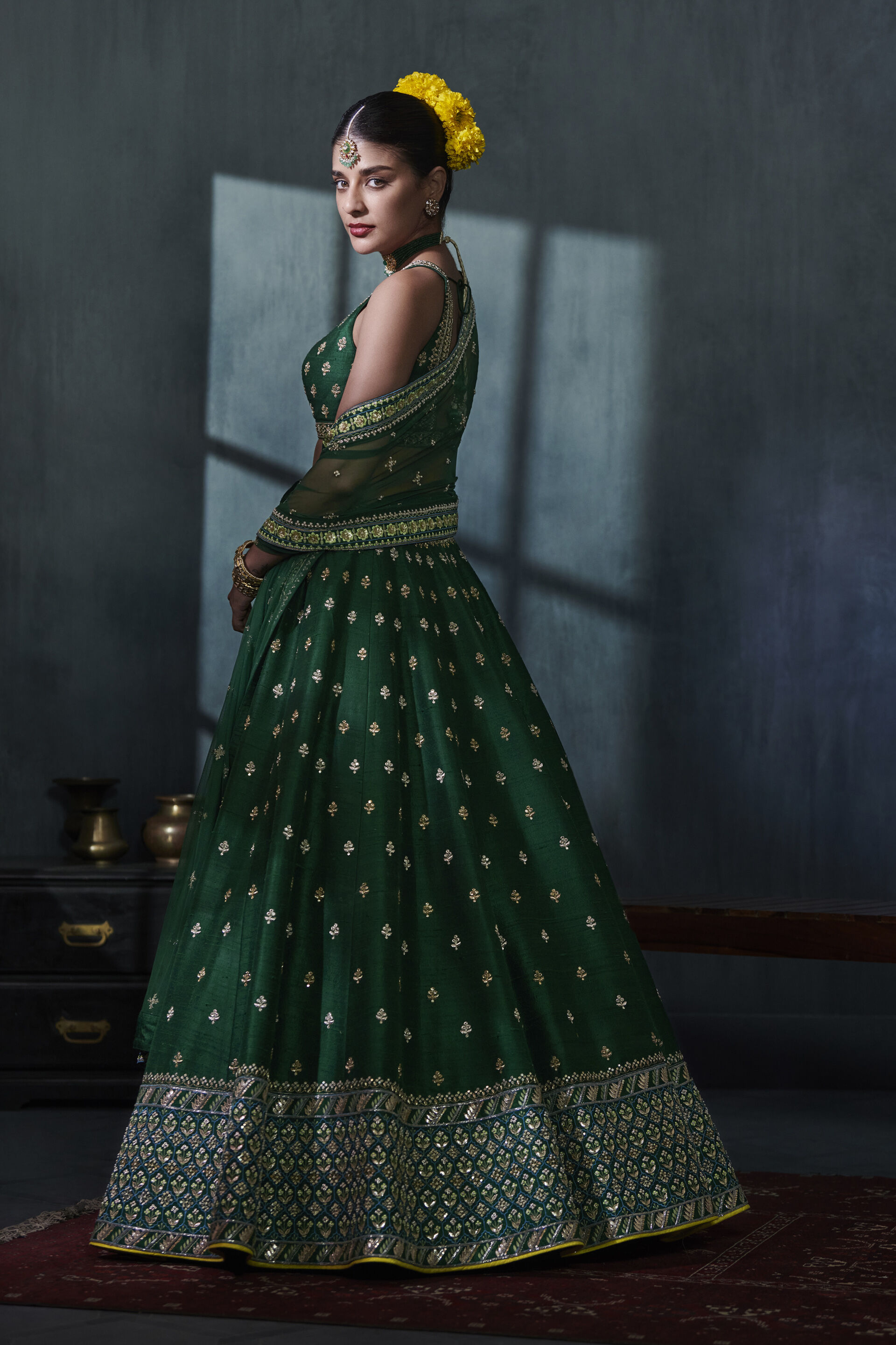 Dark Green Sequins Embroidered Lehenga – Maharani