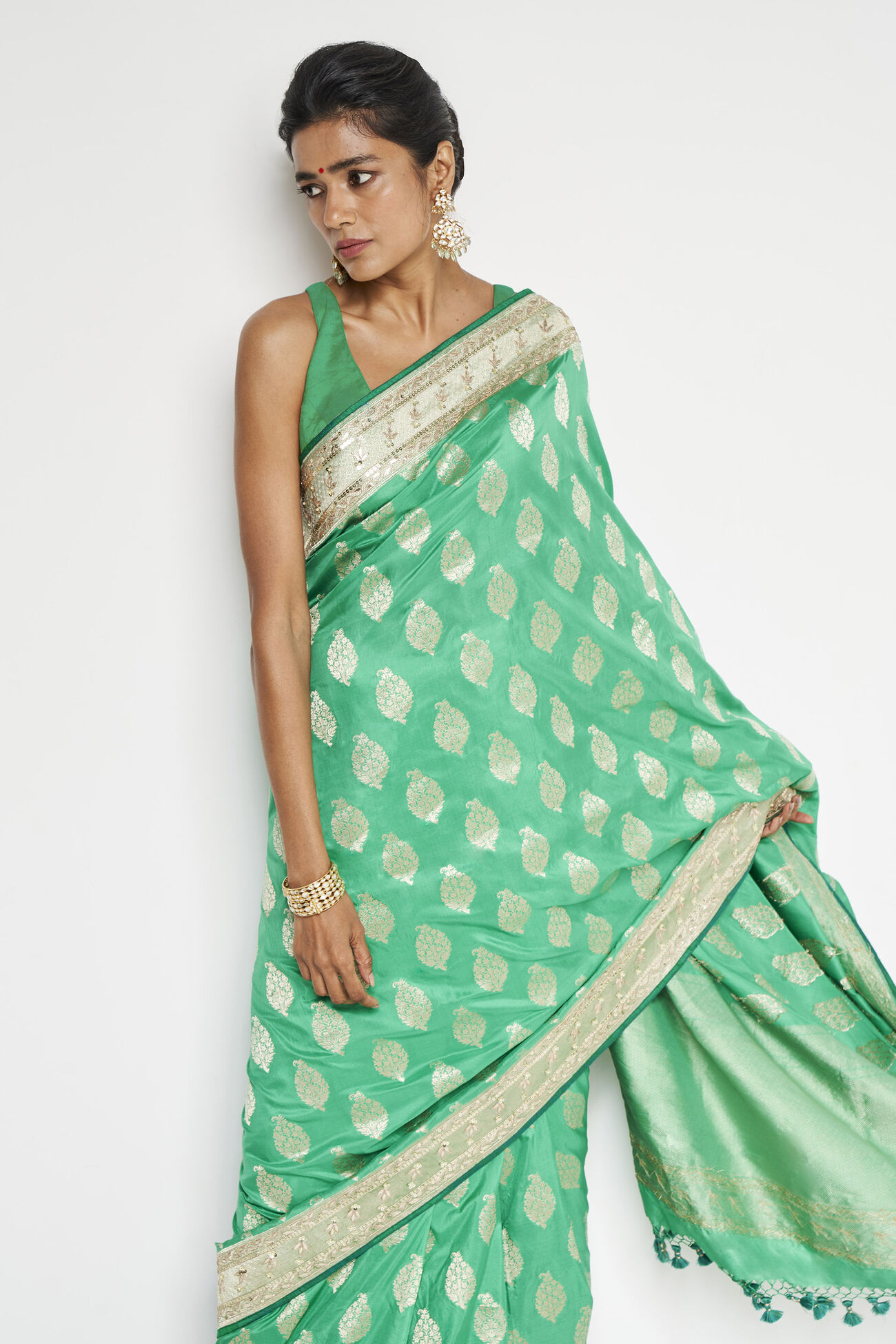 Adaj Benarasi Saree - Green, Green, image 3