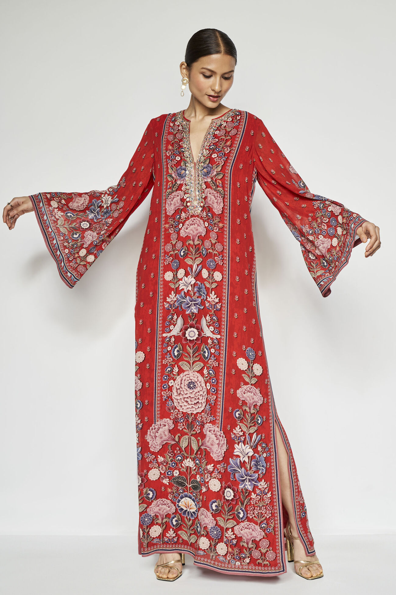 Alhambra Zardozi Embroidered Silk Kaftan - Red, Red, image 1