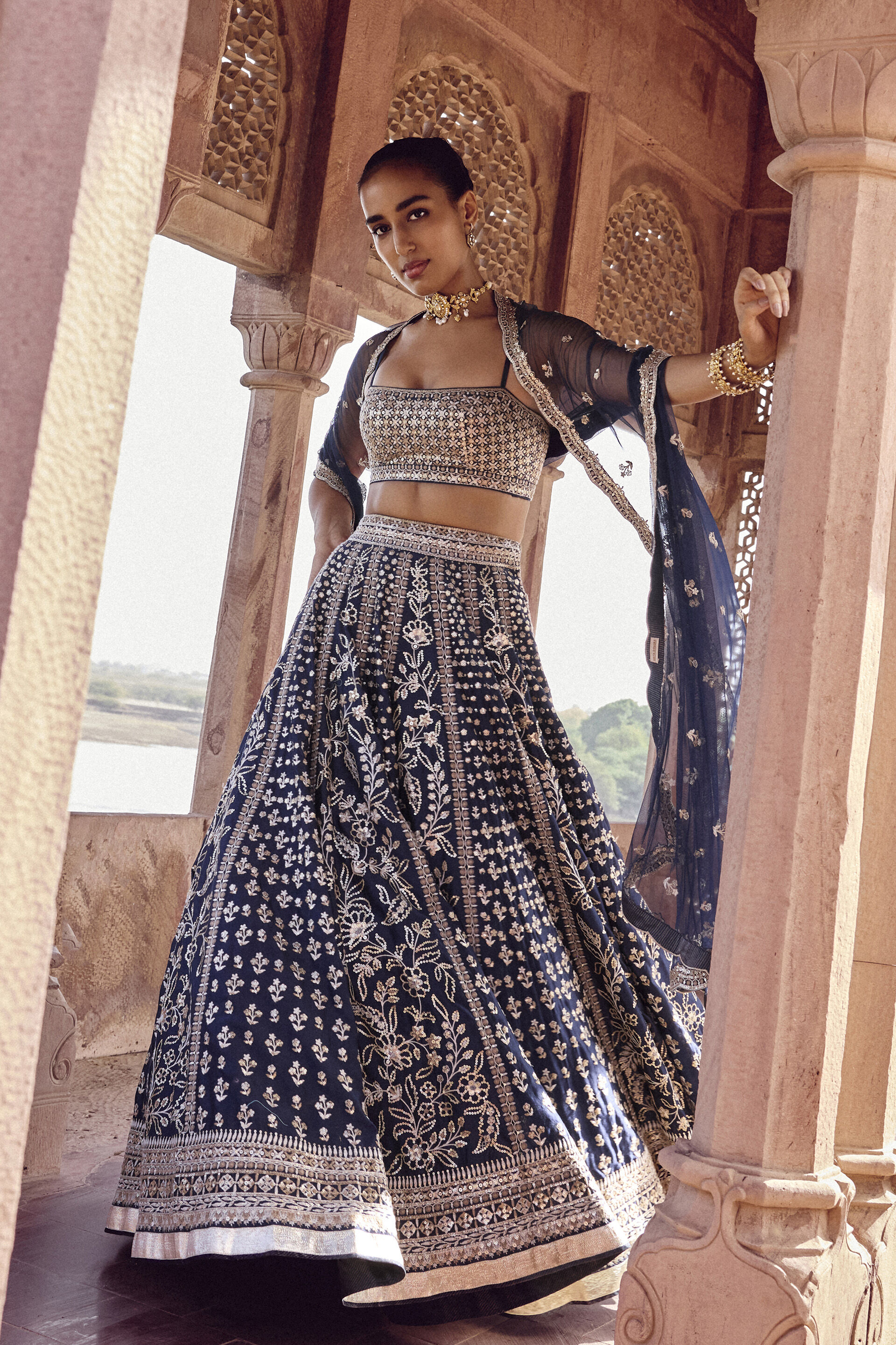 Triyama Embroidered Silk Lehenga Set - Blue, Blue, image 3