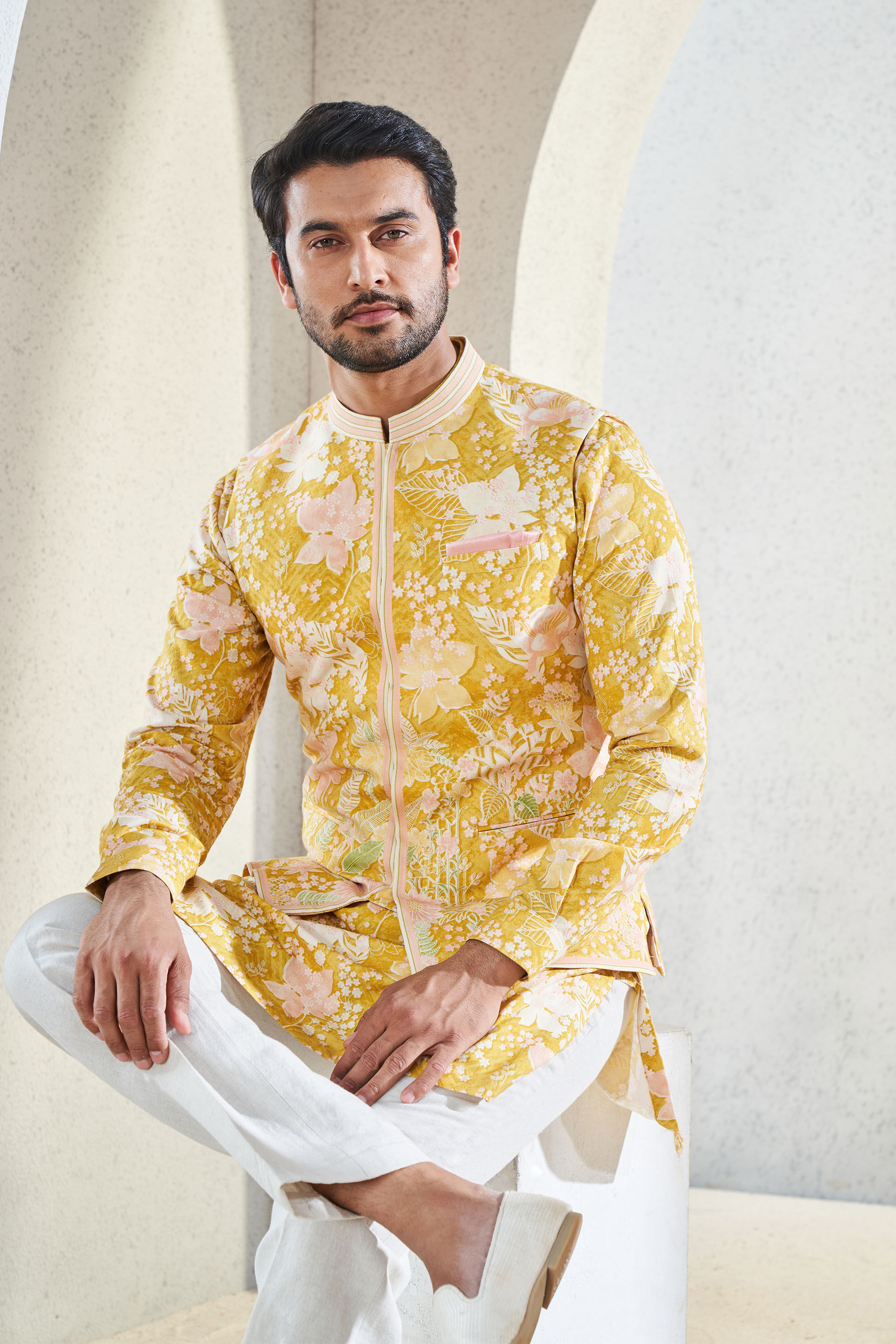 Buy Mustard Art Banarasi Silk Nehru Jacket (NMK-6334) Online