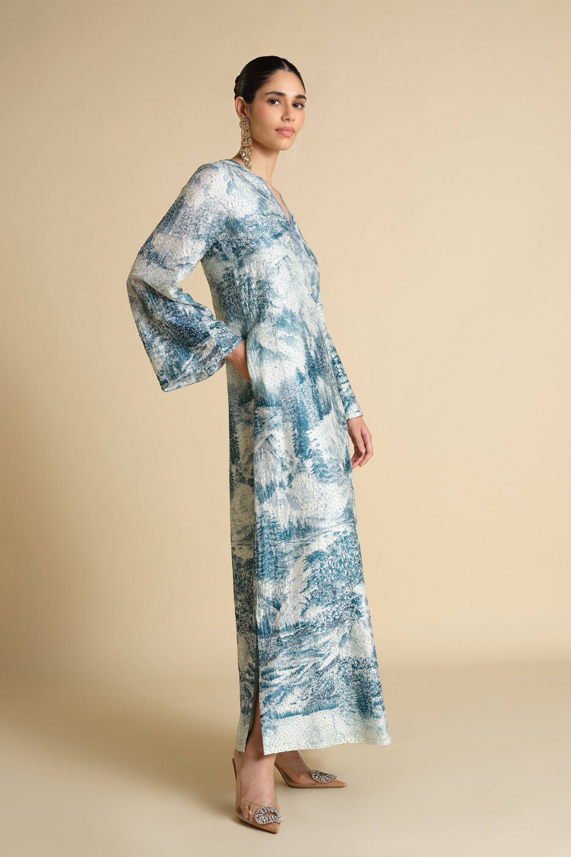 Shahma Printed Silk Kaftan - Powder Blue, Powder Blue, image 3