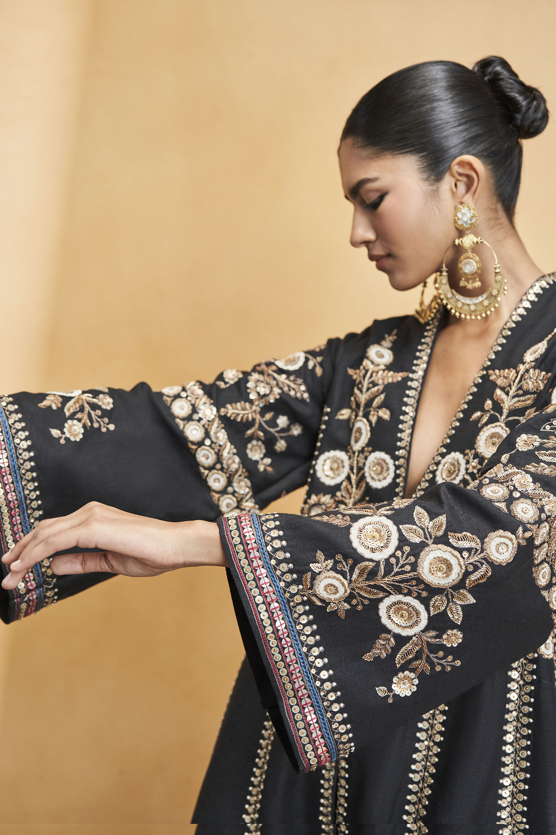 Flowers Of The Forest Embroidered Zardozi Silk Kurta Set - Black, Black, image 7