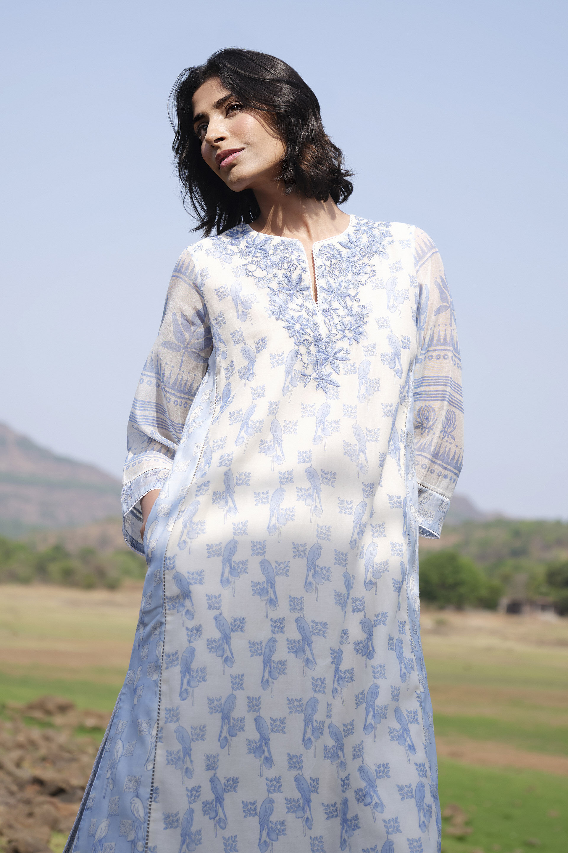 Aves Hand-embroidered Kantha Mul Kurta Set - Blue, White, image 3
