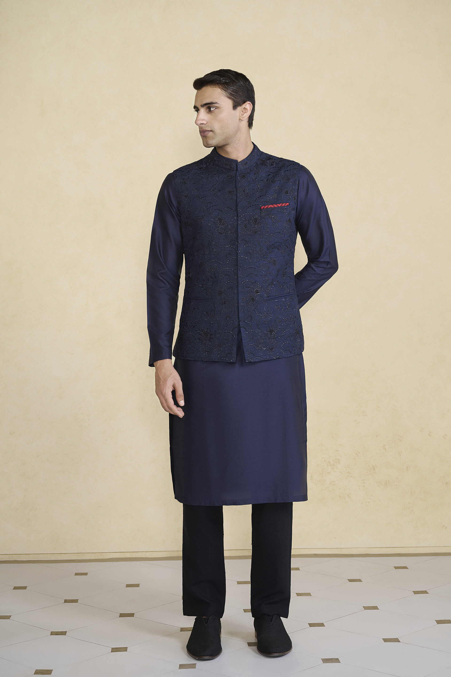 Buy Banshik Hand-embroidered Silk Nehru Jacket Navy Online for