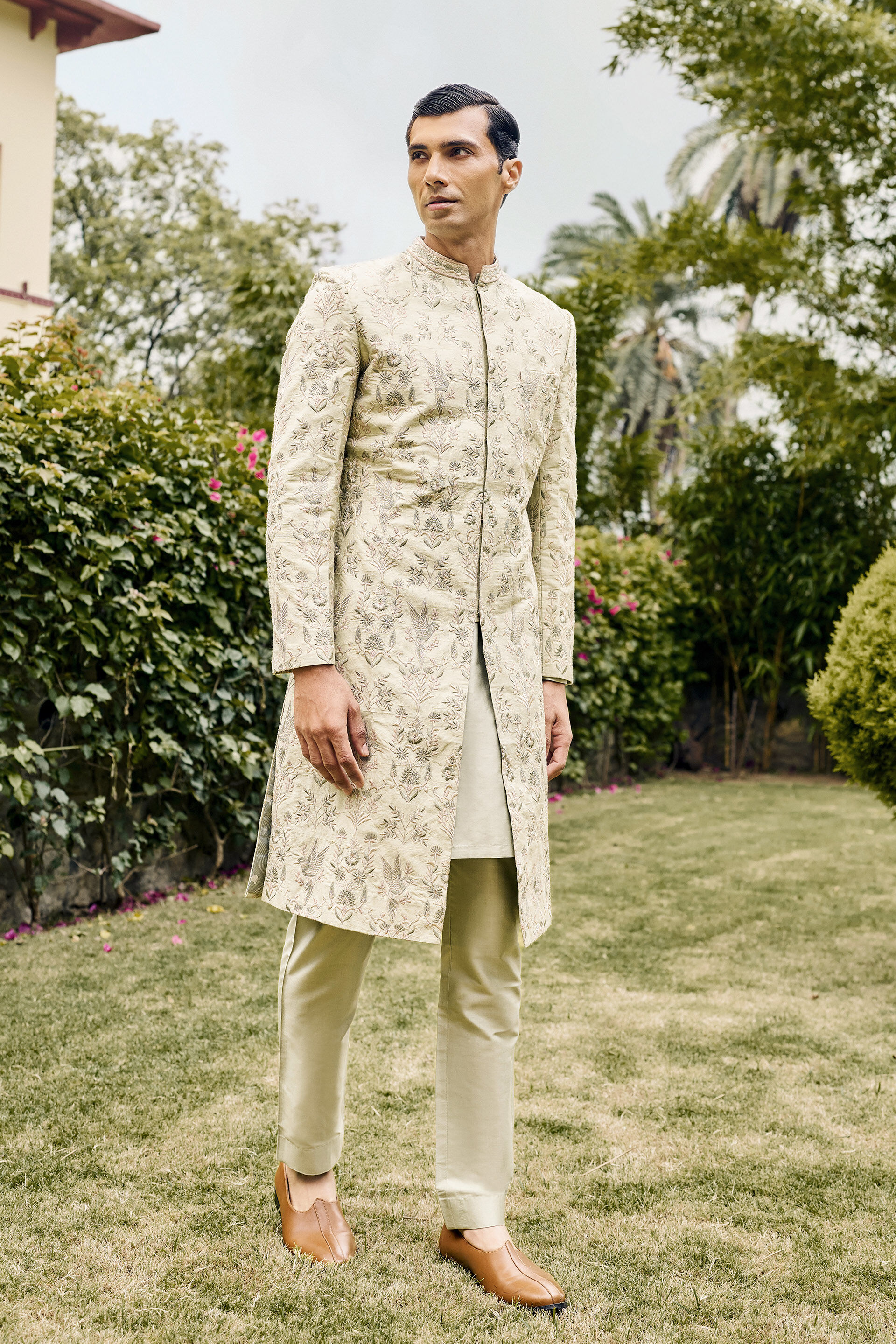 Kshiraj Embroidered Silk Sherwani - Sage