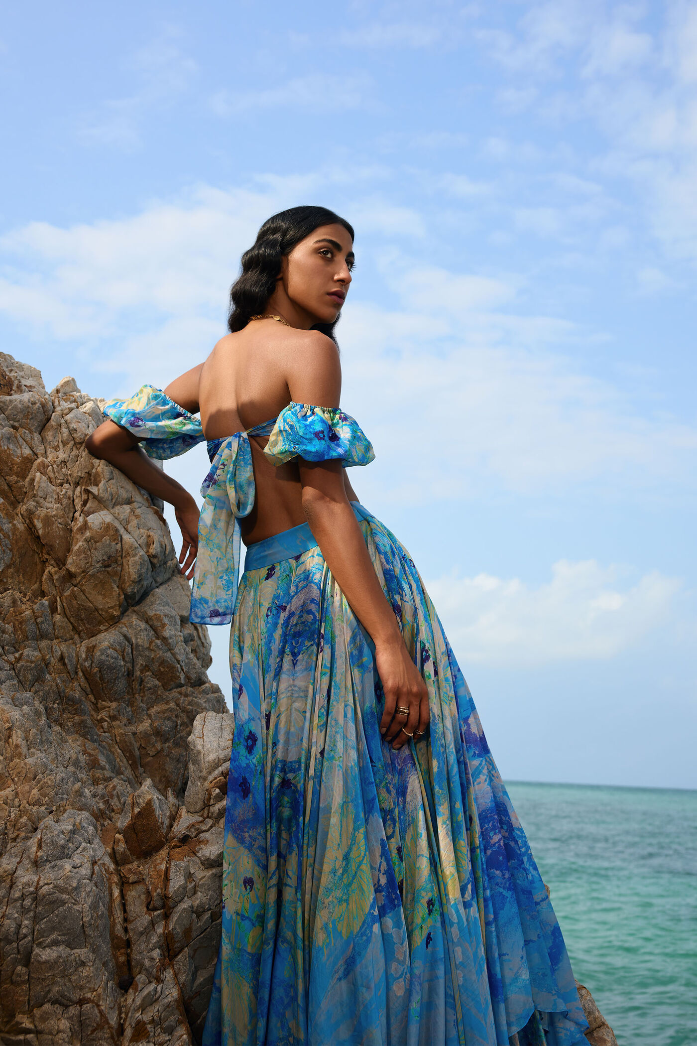 Buy Designer Chatoyante Asymmetrical Skirt Set Blue Online from Anit