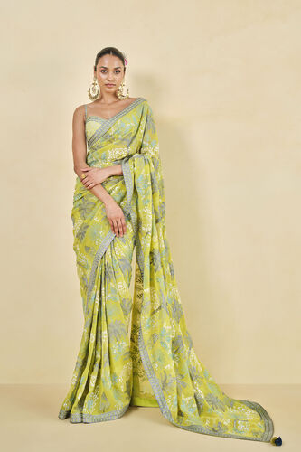 Tropical Paradise Embroidered Georgette Saree - Lime, Lime, image 1