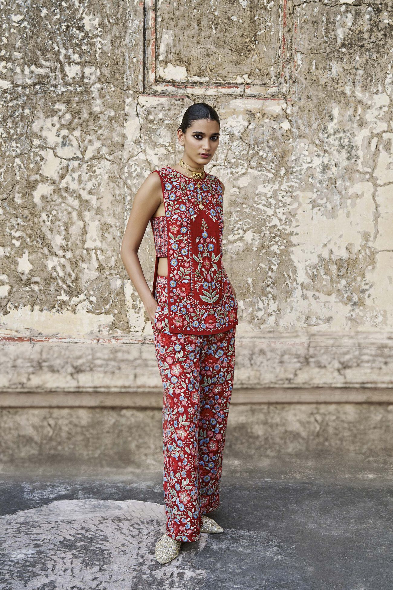Blooms Of The Wild Embroidered Silk Pant Set - Red, Red, image 1