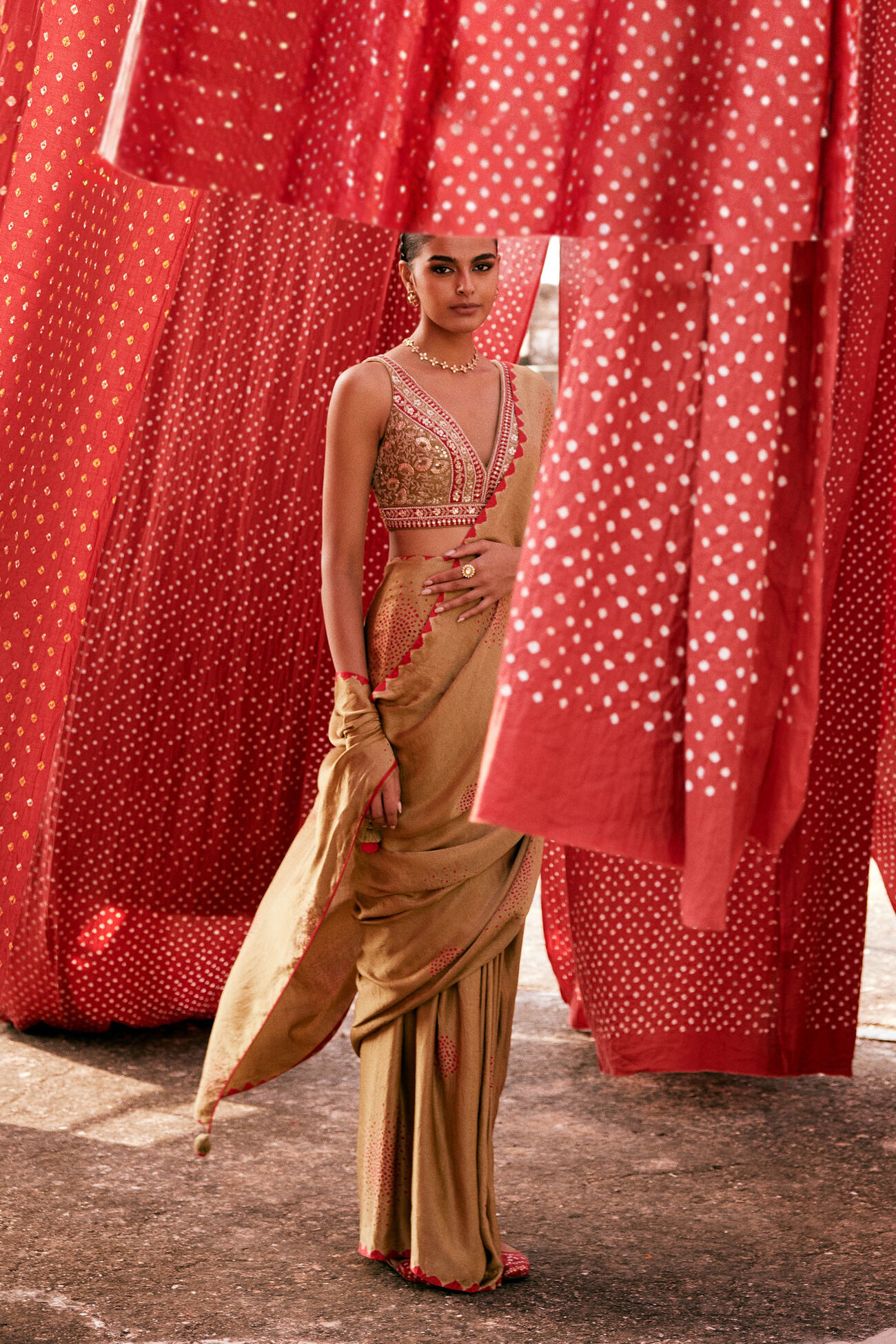 Buy Designer Maywa Handcrafted Bandhani Silk Predraped Saree Olive