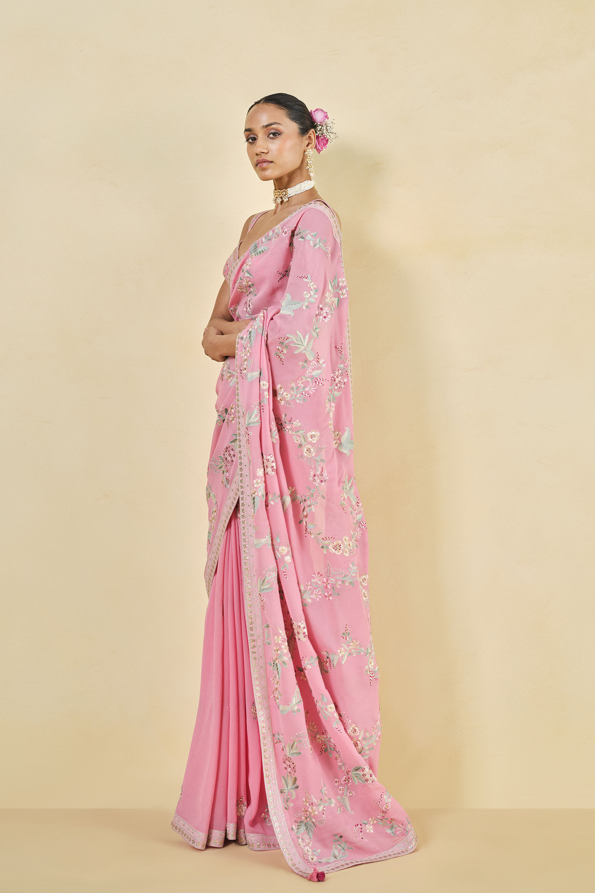 Dianthus Embroidered Georgette Saree, Pink, image 2