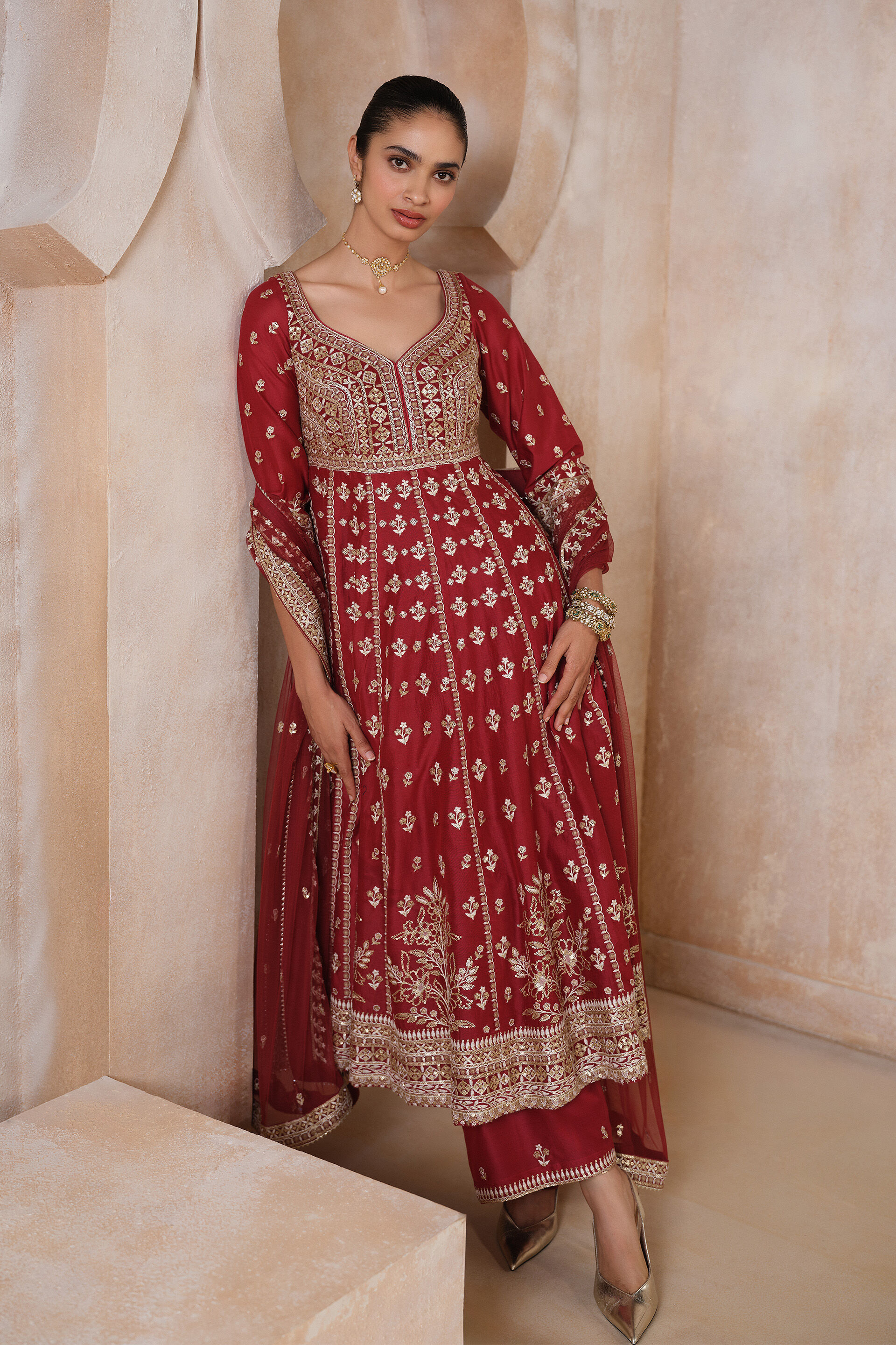 Triyama Embroidered Silk Anarkali Set - Red, Red, image 3