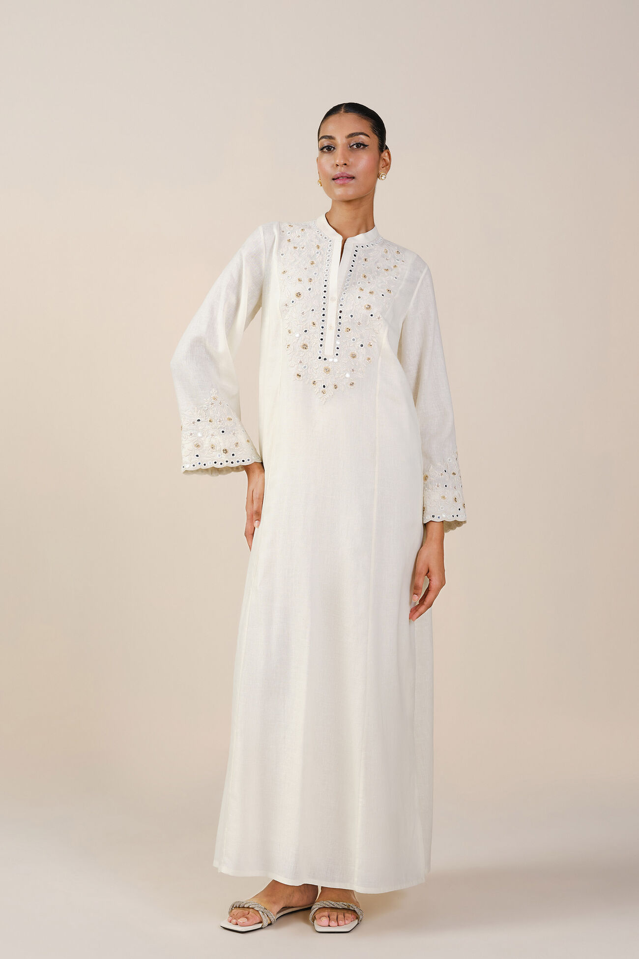 Sikara Mirror Embroidered Linen Kaftan - Natural, Natural, image 1