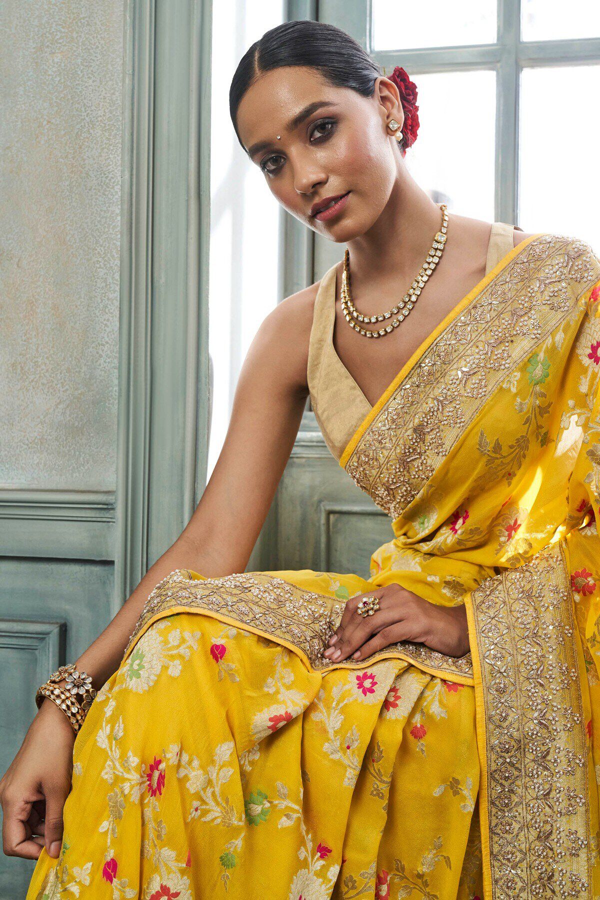 Panavi Saree Set- Yellow, Yellow, image 5