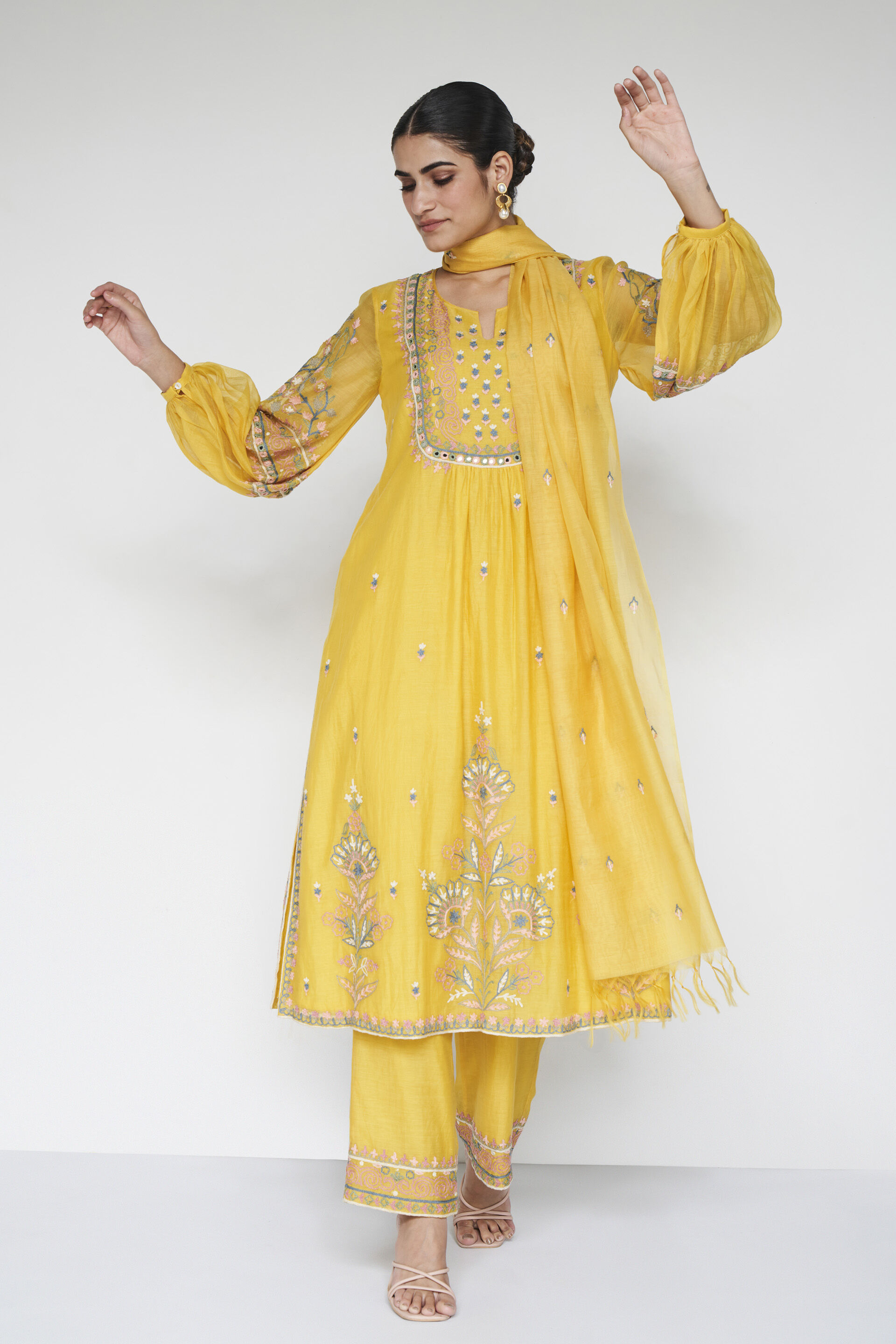 Philomel Embroidered Zardozi Silk Suit Set - Yellow, Yellow, image 3
