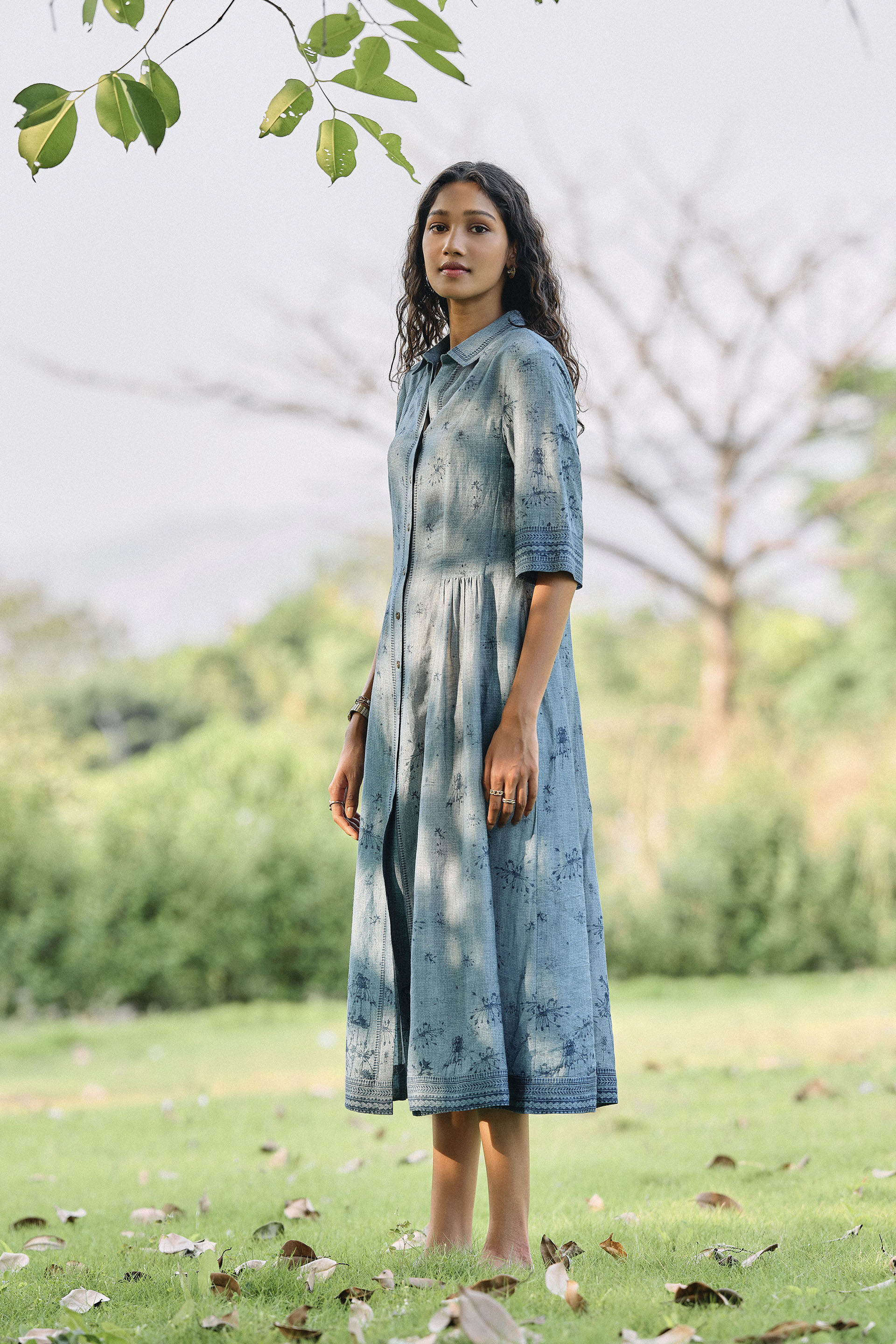 Buy Designer Pond Printed Bemberg Linen Dress Blue Online from Anita
