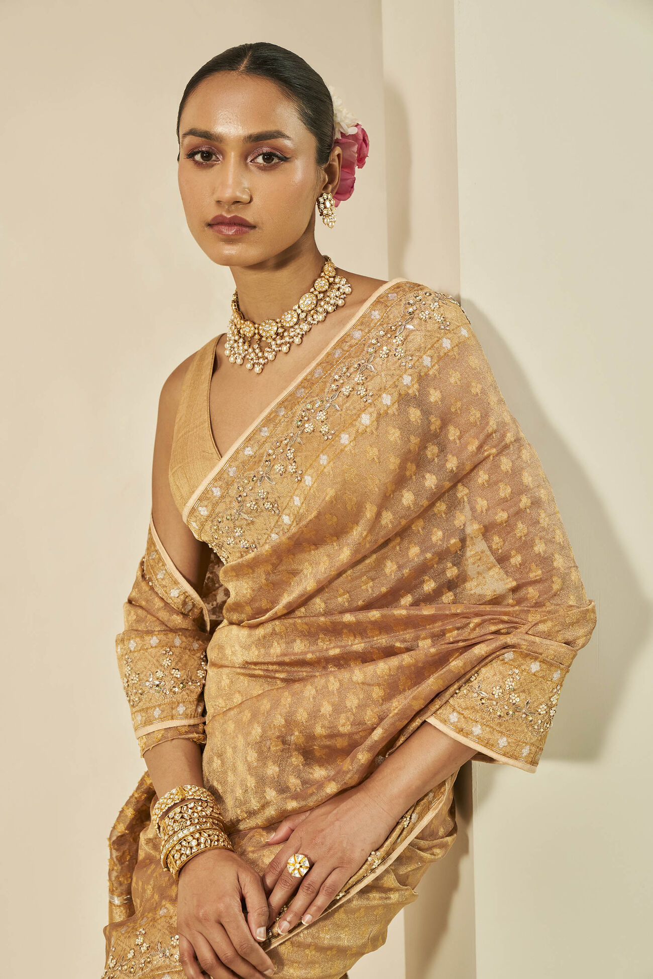 Sunehra Benarasi Silk Gota Patti Saree, Gold, image 4