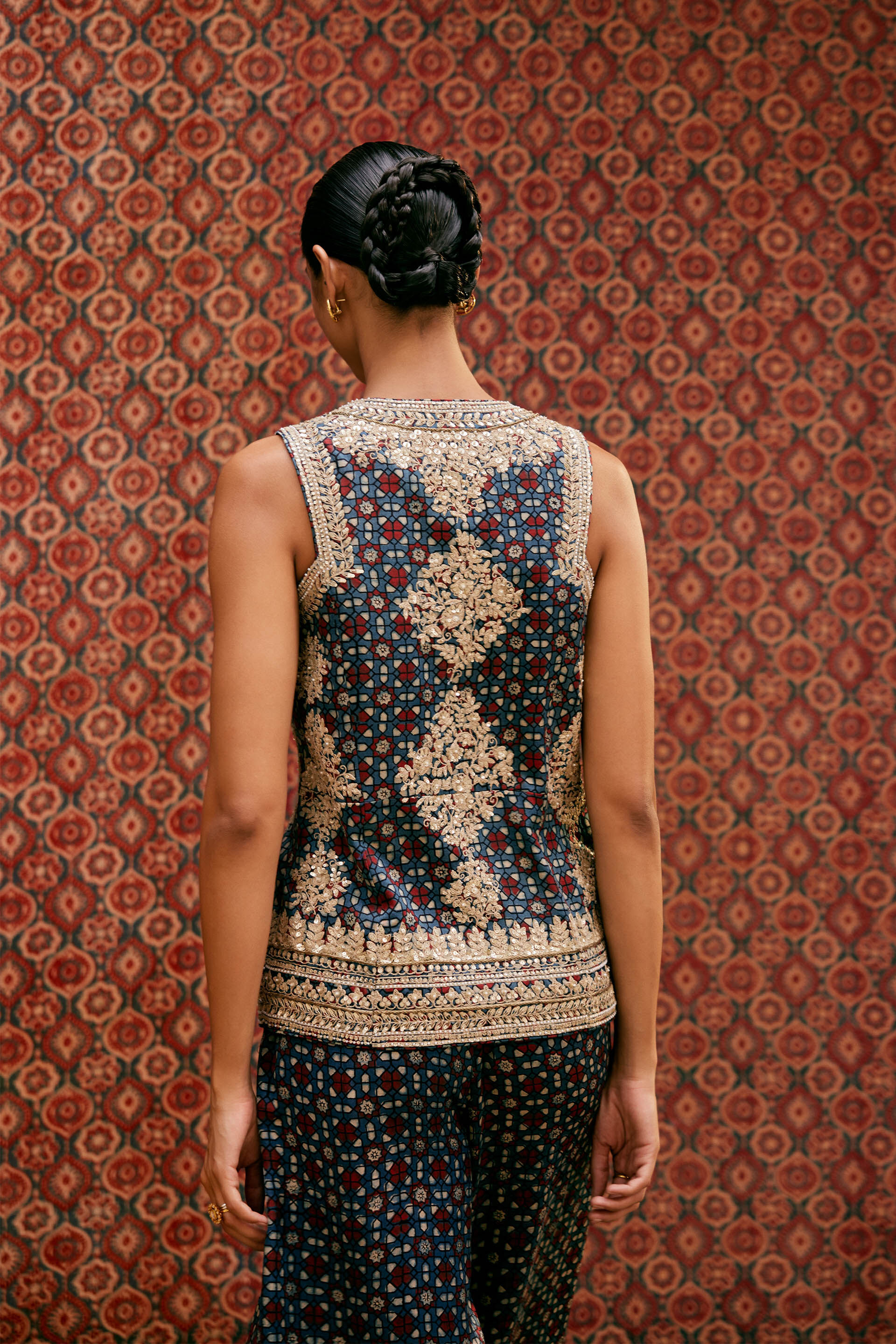 Bahada Ajrakh Hand-block Printed Silk Palazzo Set - Blue