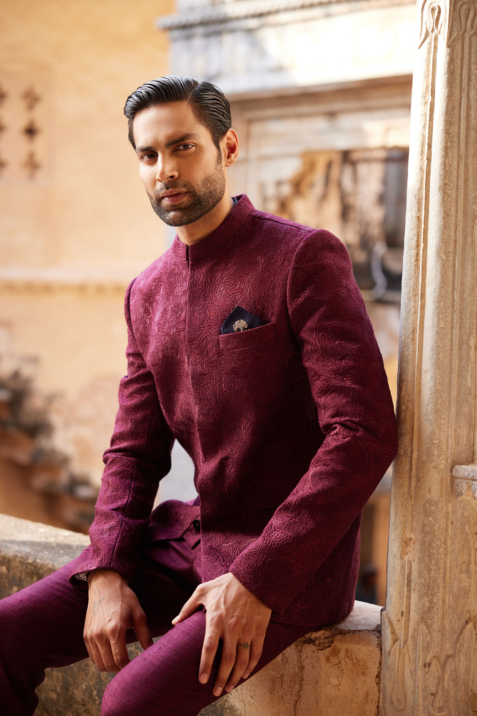 Uprag Embroidered Silk Bandhgala - Plum, Plum, image 4