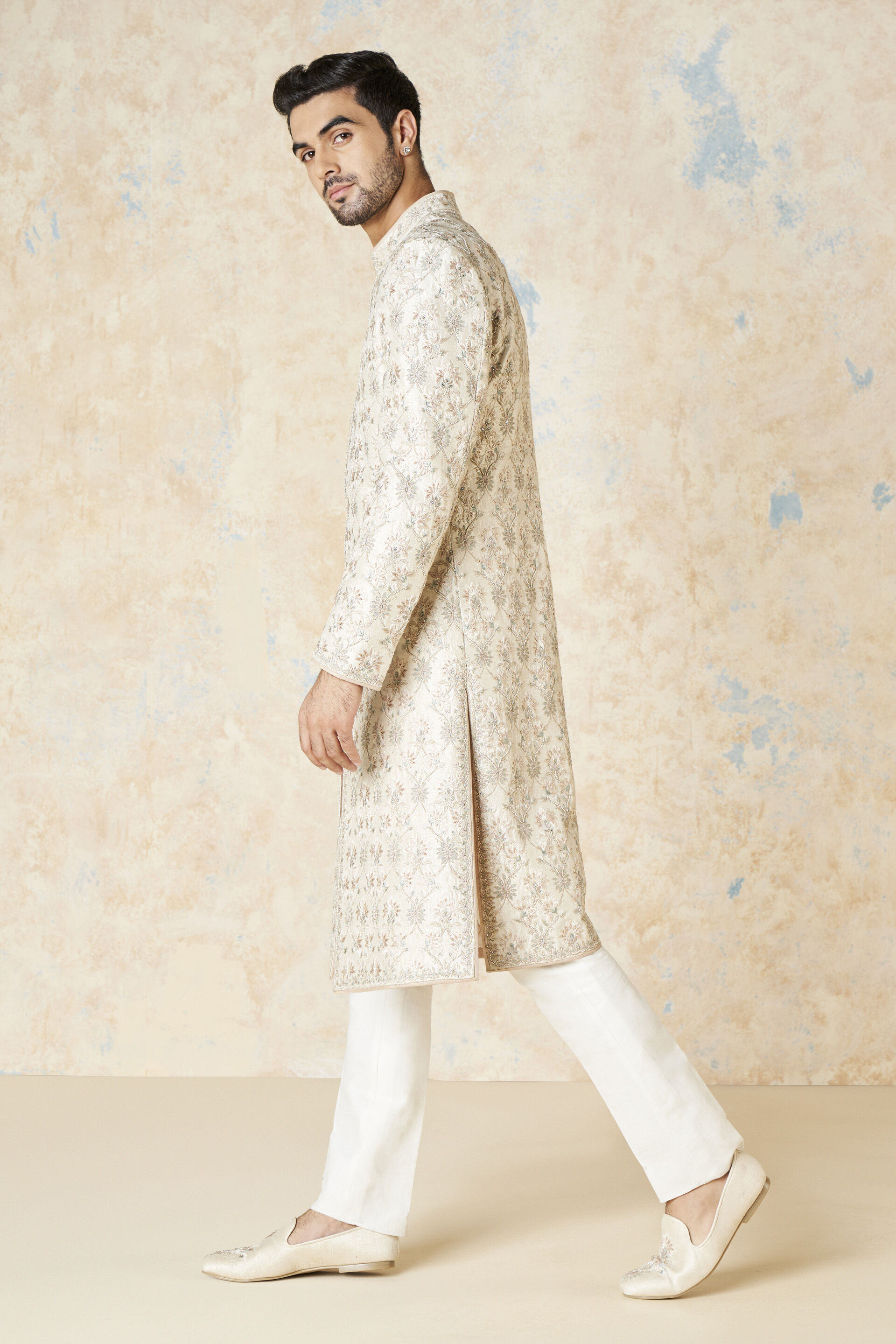 Aasvik Embroidered Silk Sherwani - Ivory, Ivory, image 4