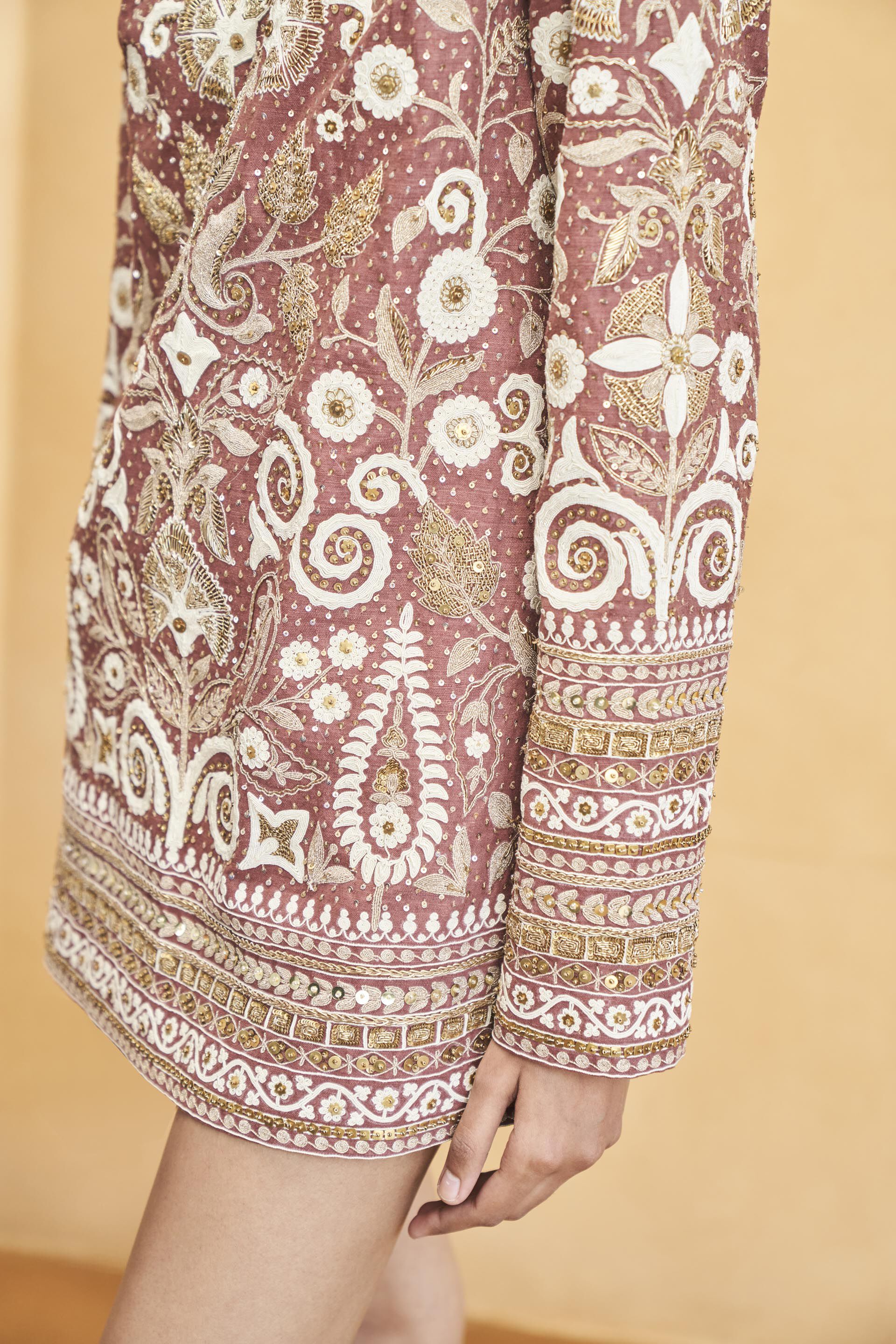 Stargazing Florals Embroidered Cord Silk Dress - Brown, Brown, image 7