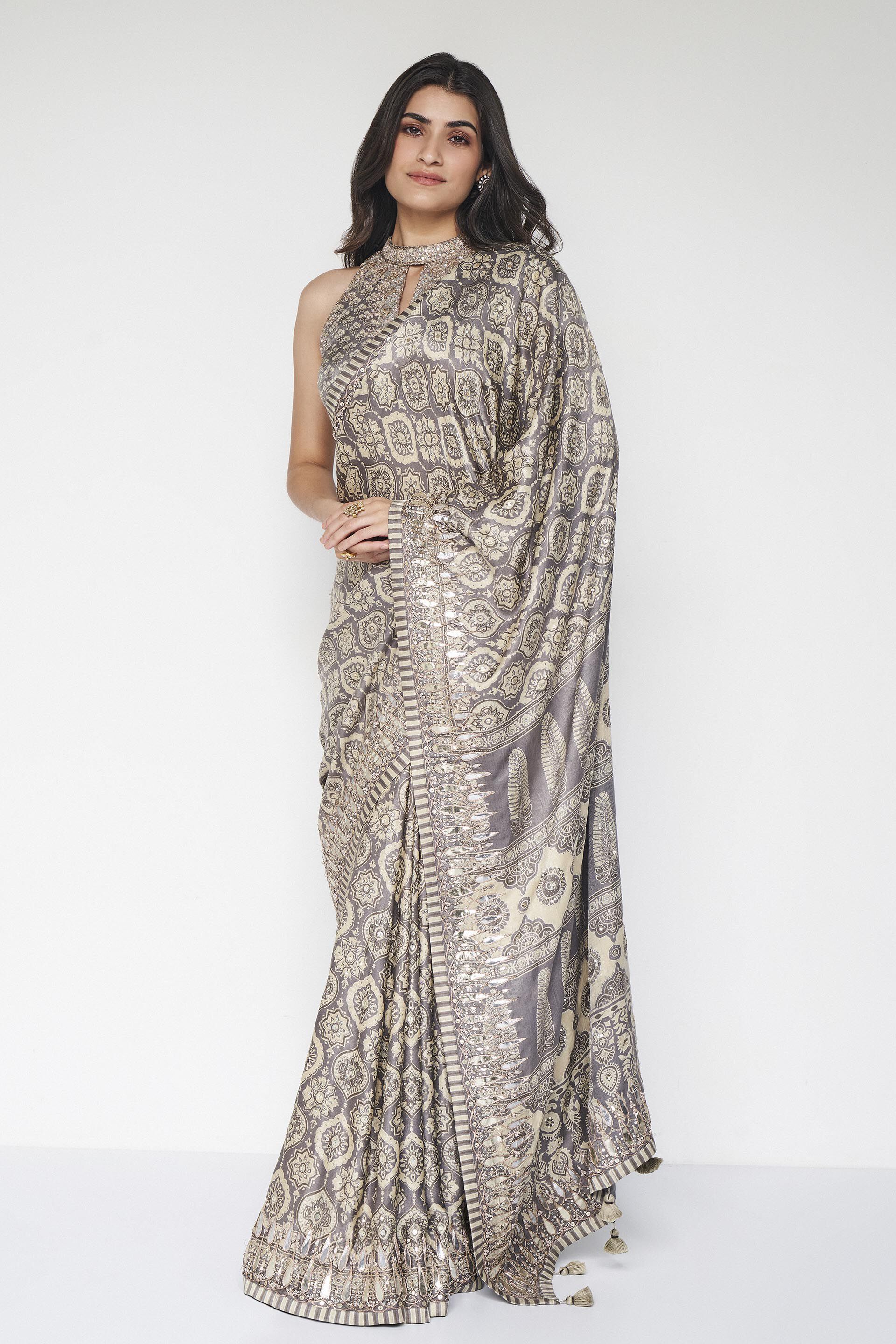 Shravani Ajrakh Hand-block Printed Silk Saree - Grey, Grey, image 3