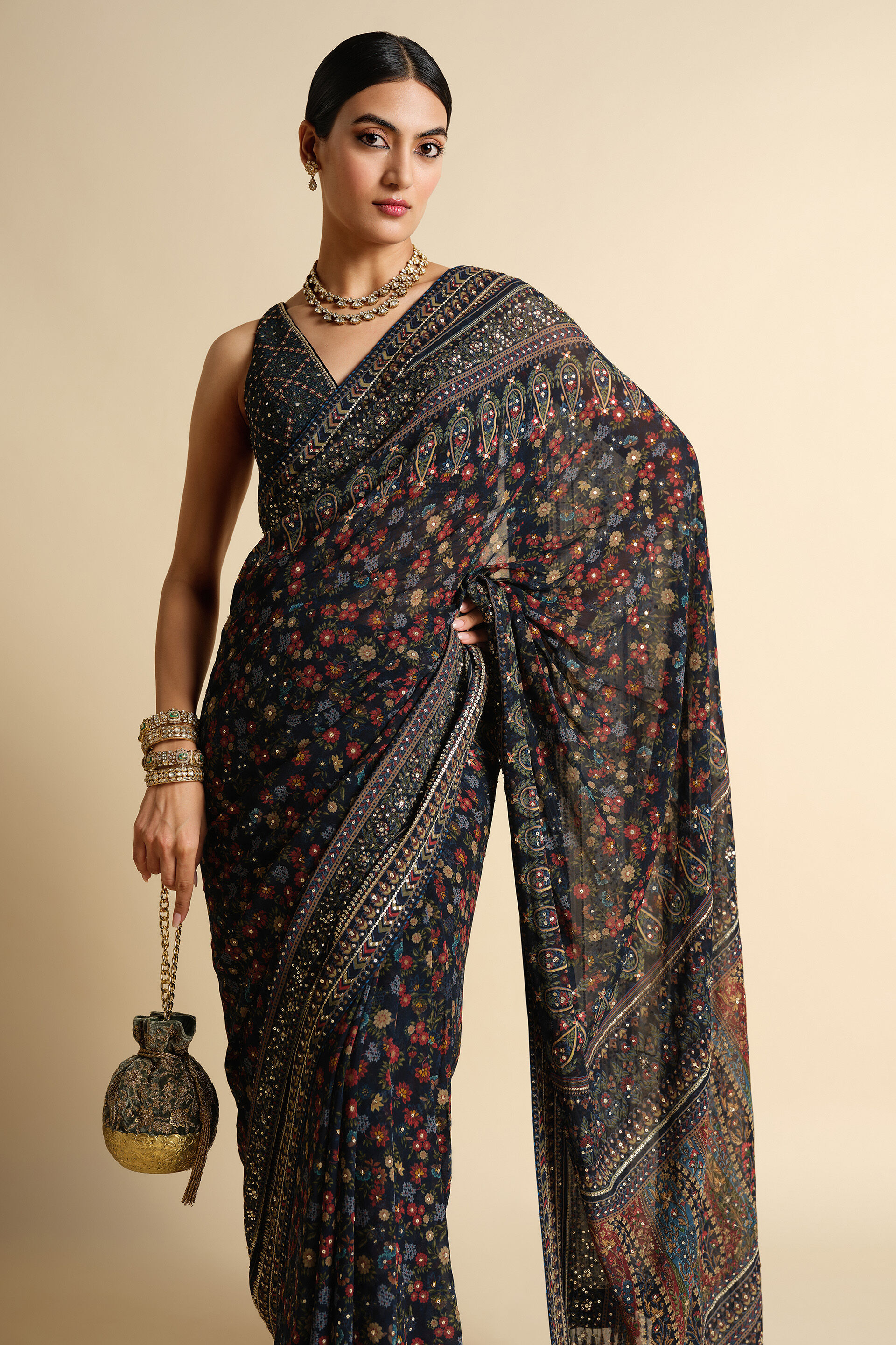 Amalaka Sequin Georgette Saree, Blue, image 4