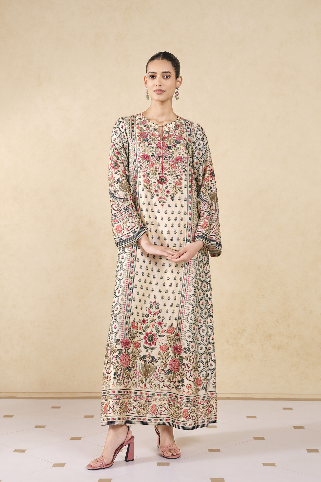 Sahra Printed Silk Kaftan, Ivory, image 1