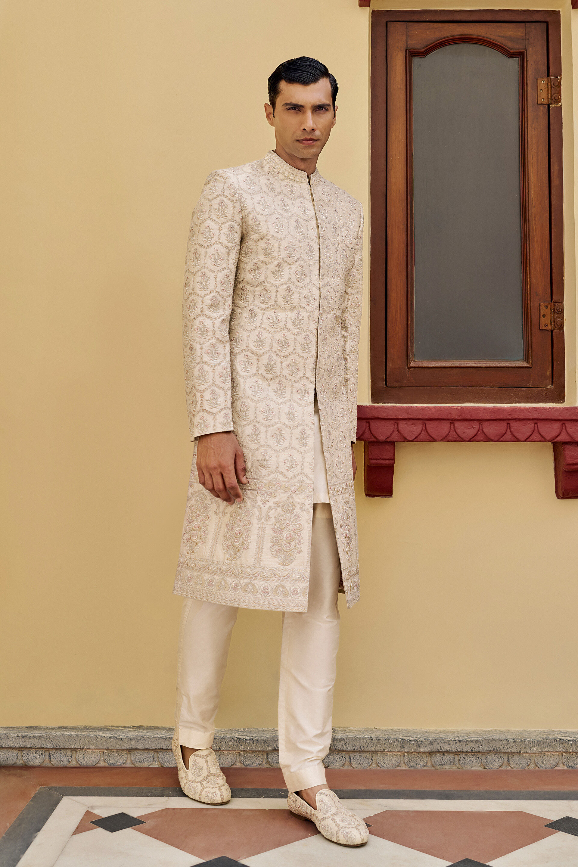 Resonance Embroidered Silk Sherwani - Ivory