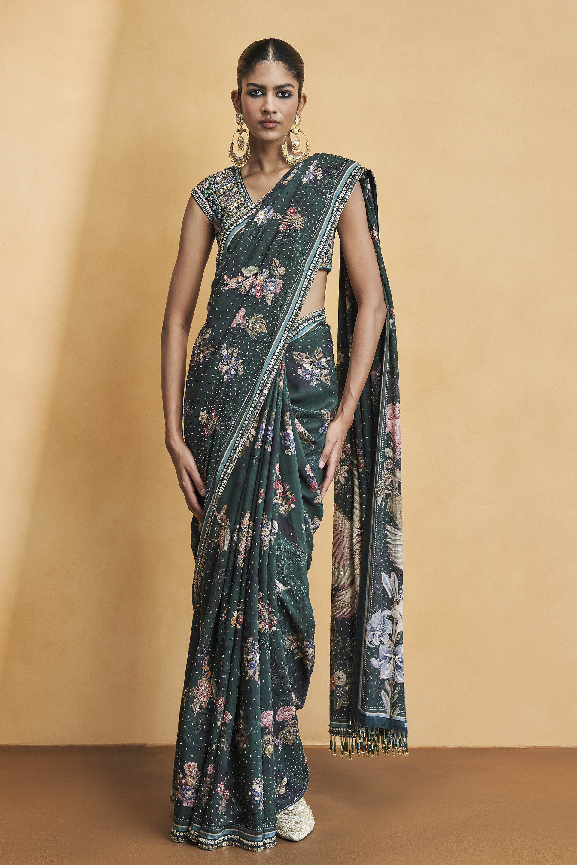 Flamingos In Flight Zardozi Embroidered Saree - Green