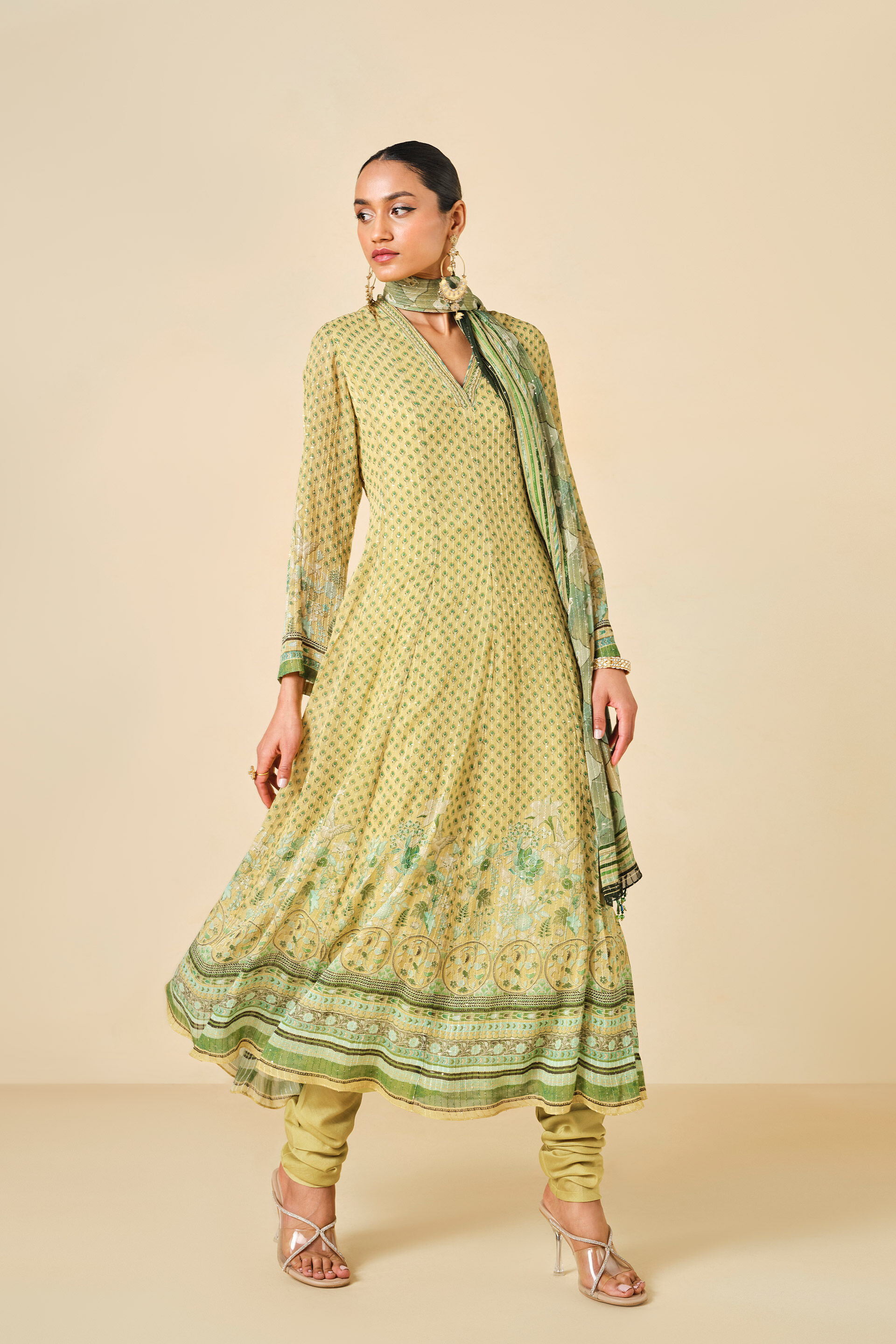 Myuna Printed Anarkali Set Lime