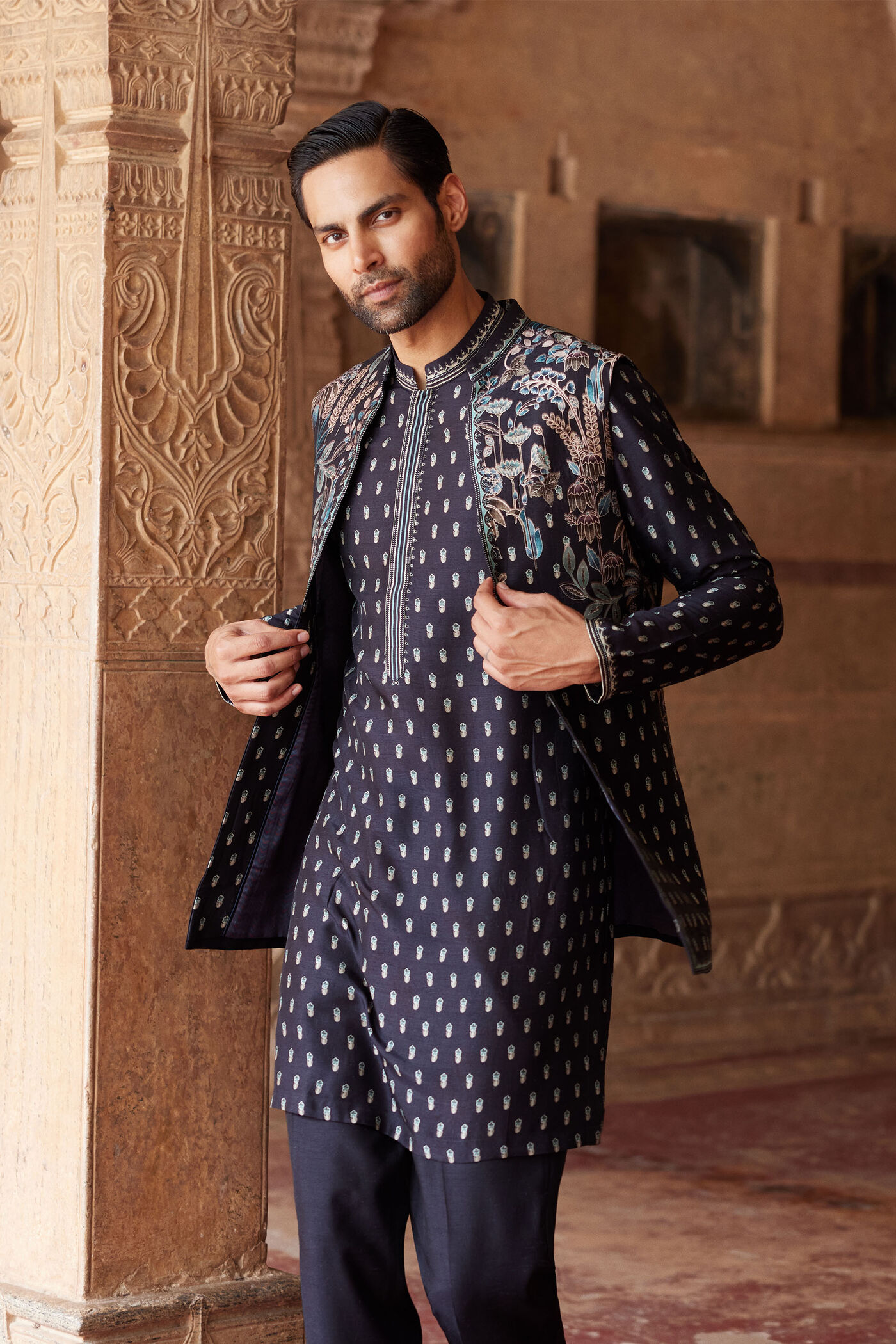 Saamir Printed Nehru Jacket - Black
